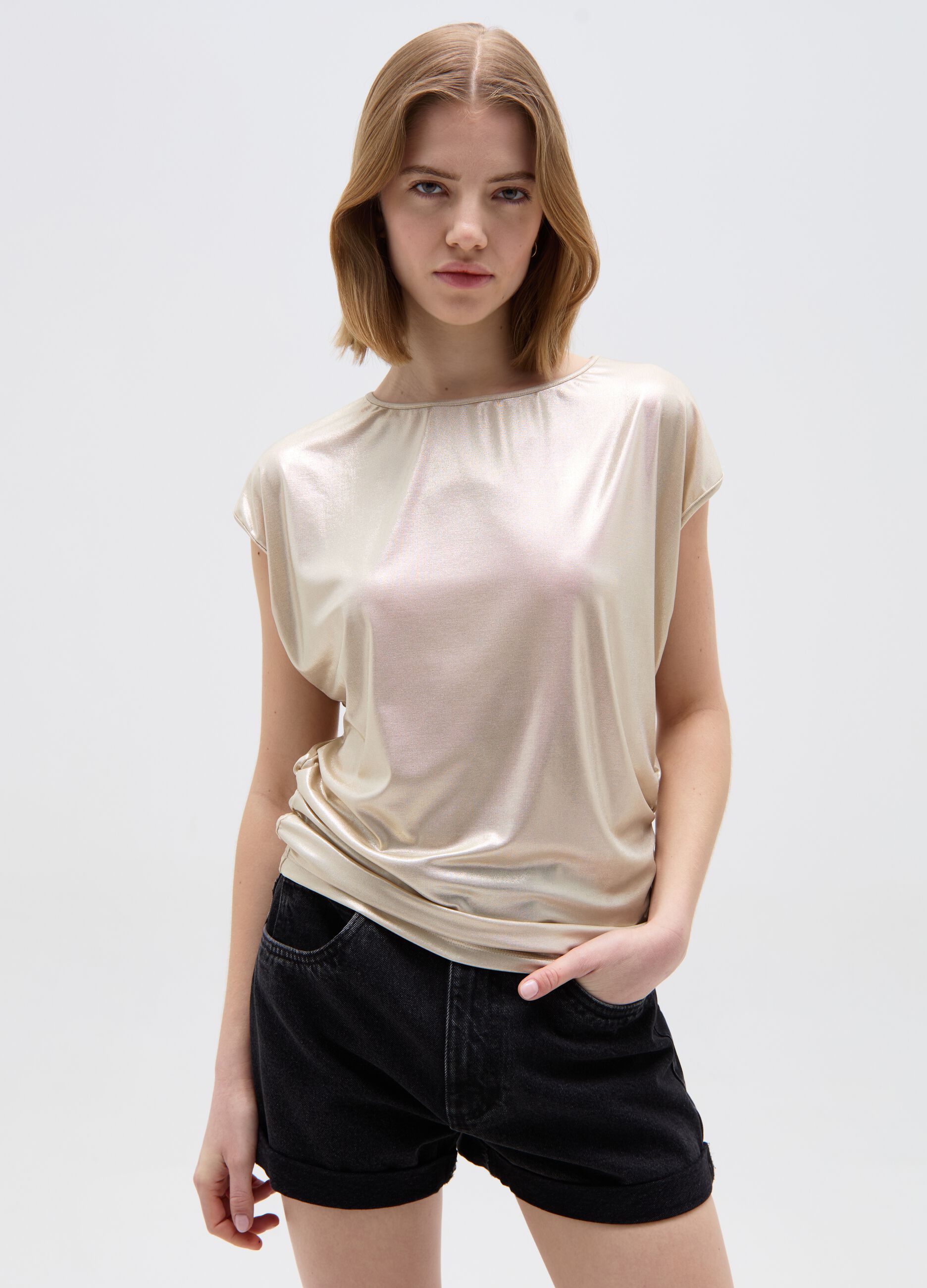 Foil T-shirt with kimono sleeves