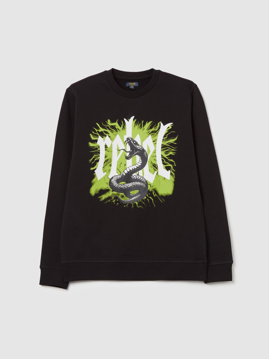 Cotton sweatshirt with "Rebel" and snake print_0