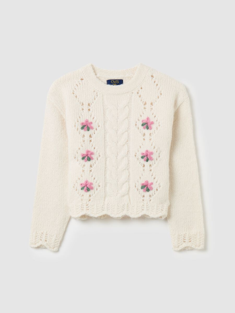 Pullover with openwork design and flowers embroidery_0