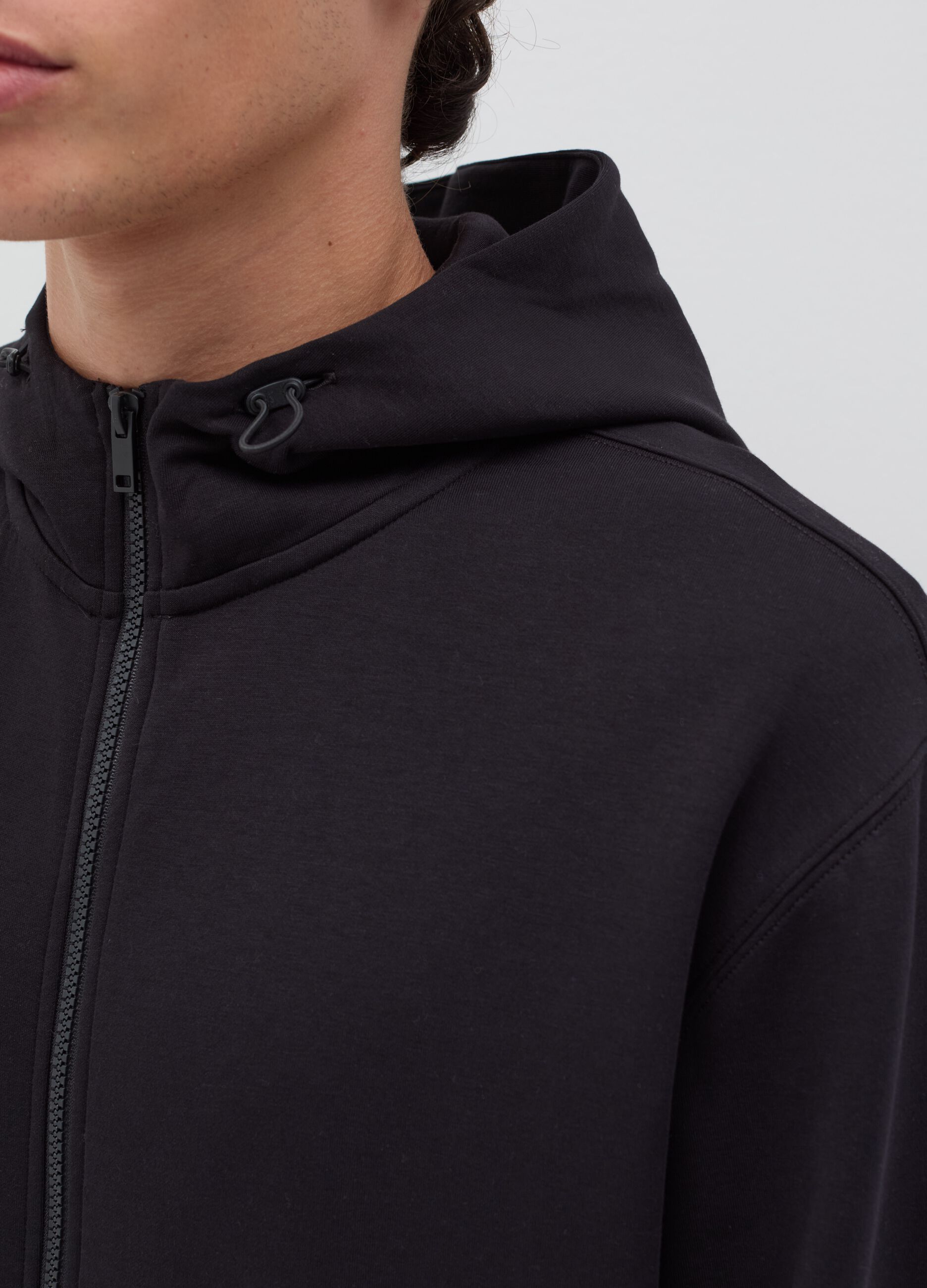 Full-zip fleece sweatshirt with hood and drawstring