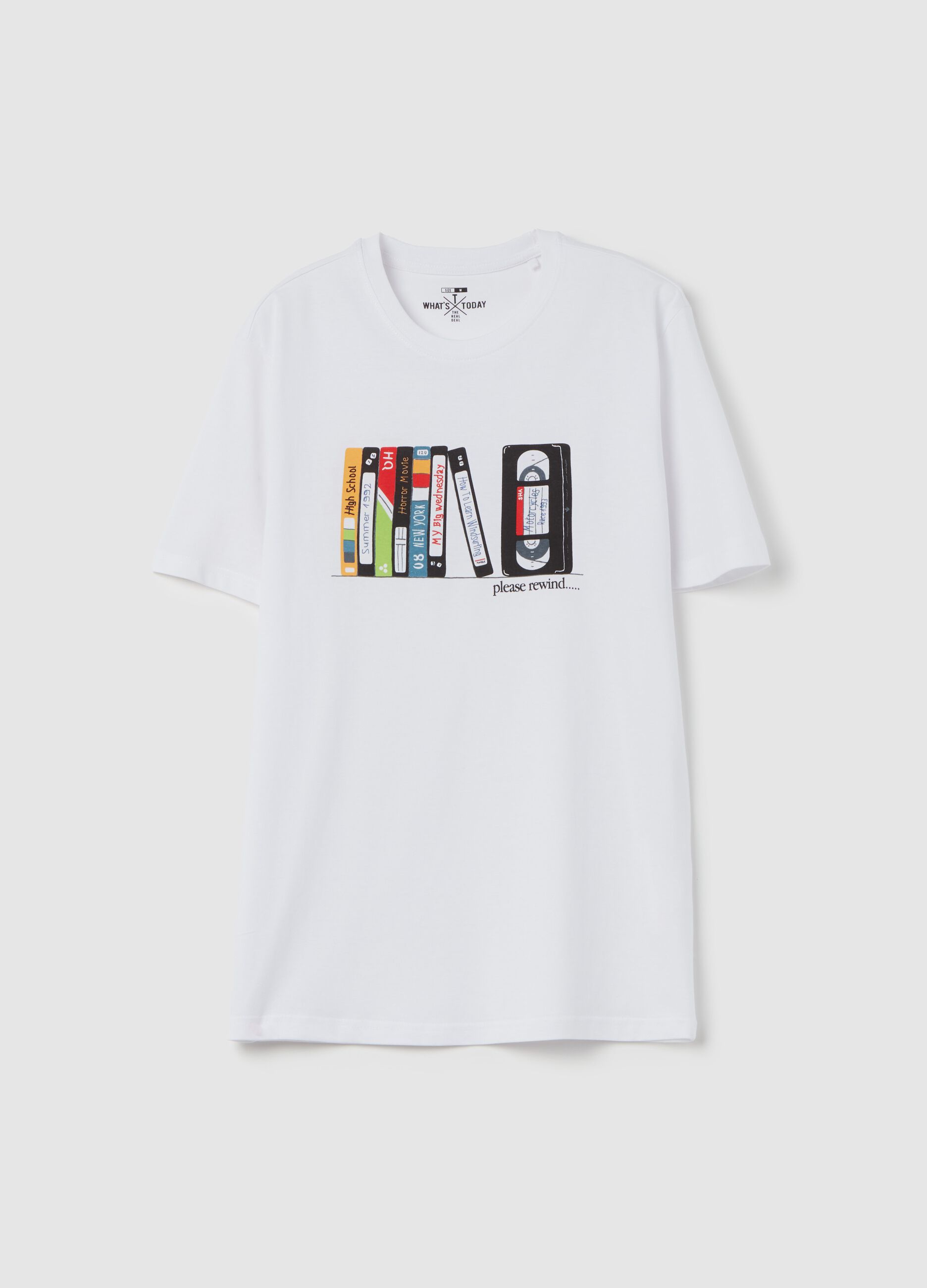 T-shirt with “Please Rewind” print