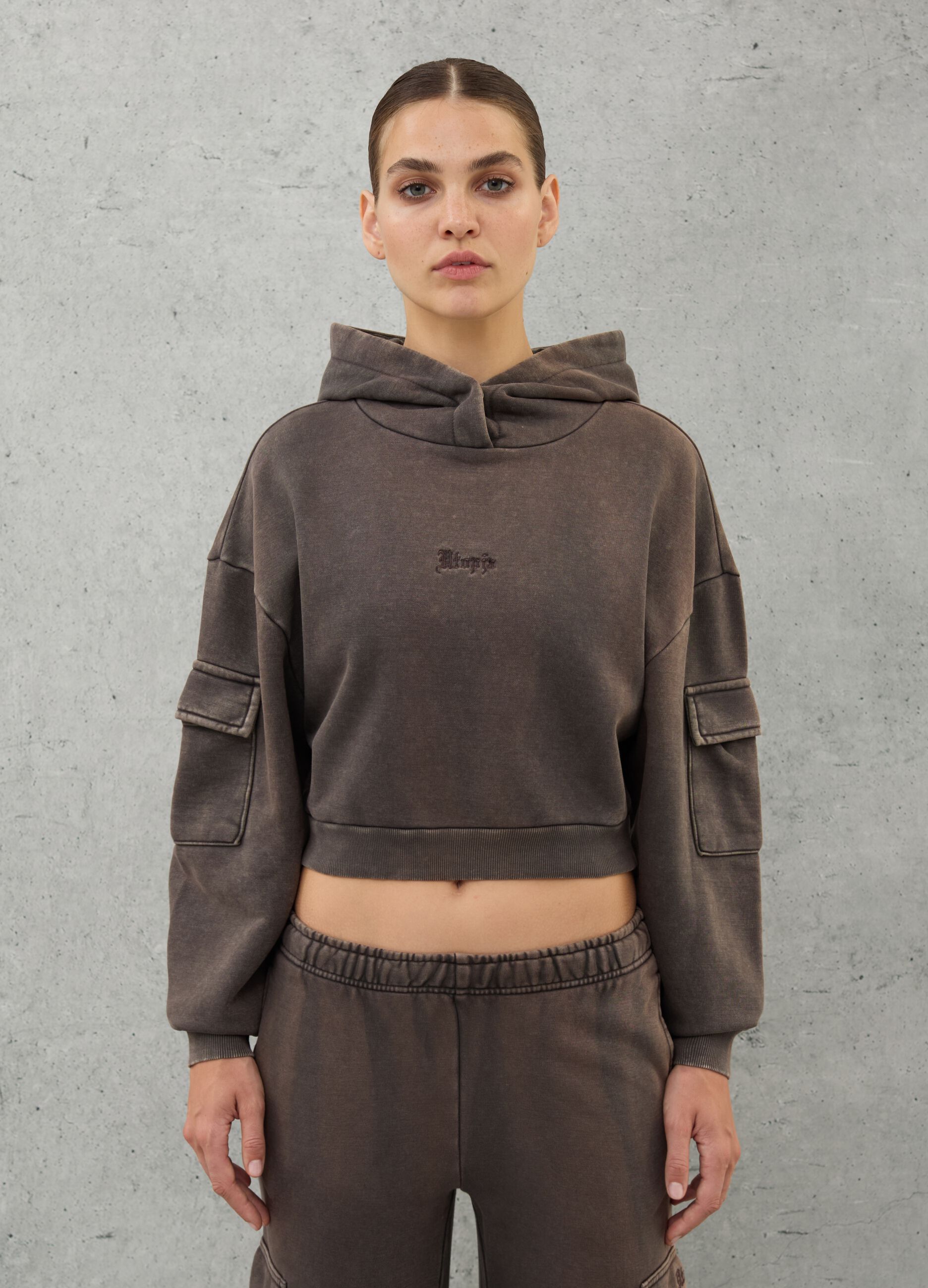 Crop Cargo Hoodie Vintage Brown