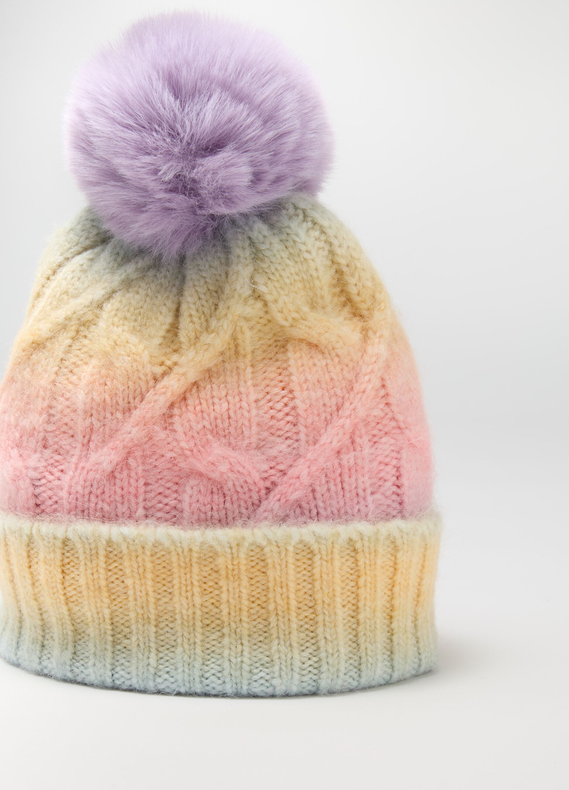 Dip-dye cable-knit hat with pompom