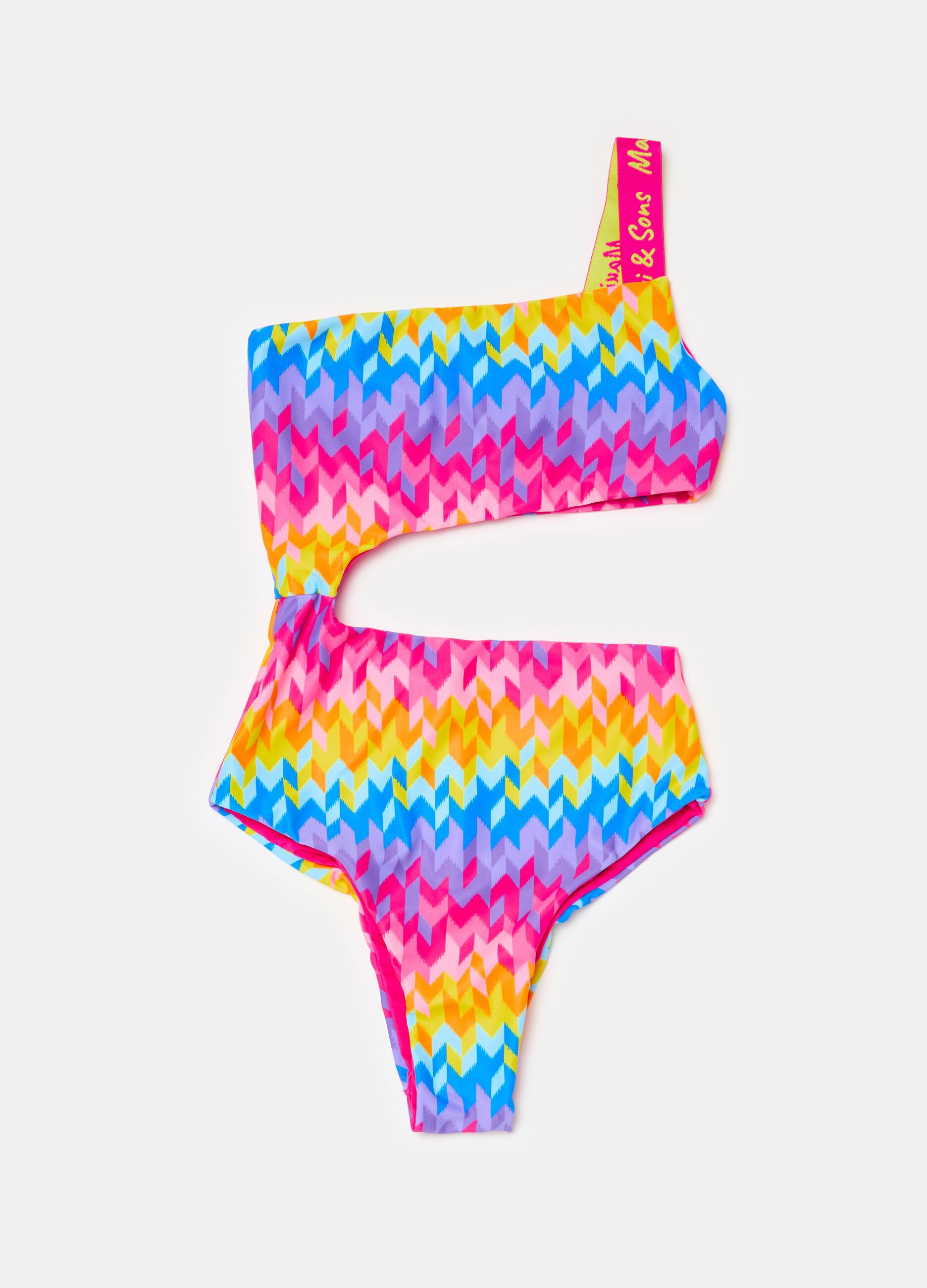 One-piece swimsuit with single shoulder strap and optical print