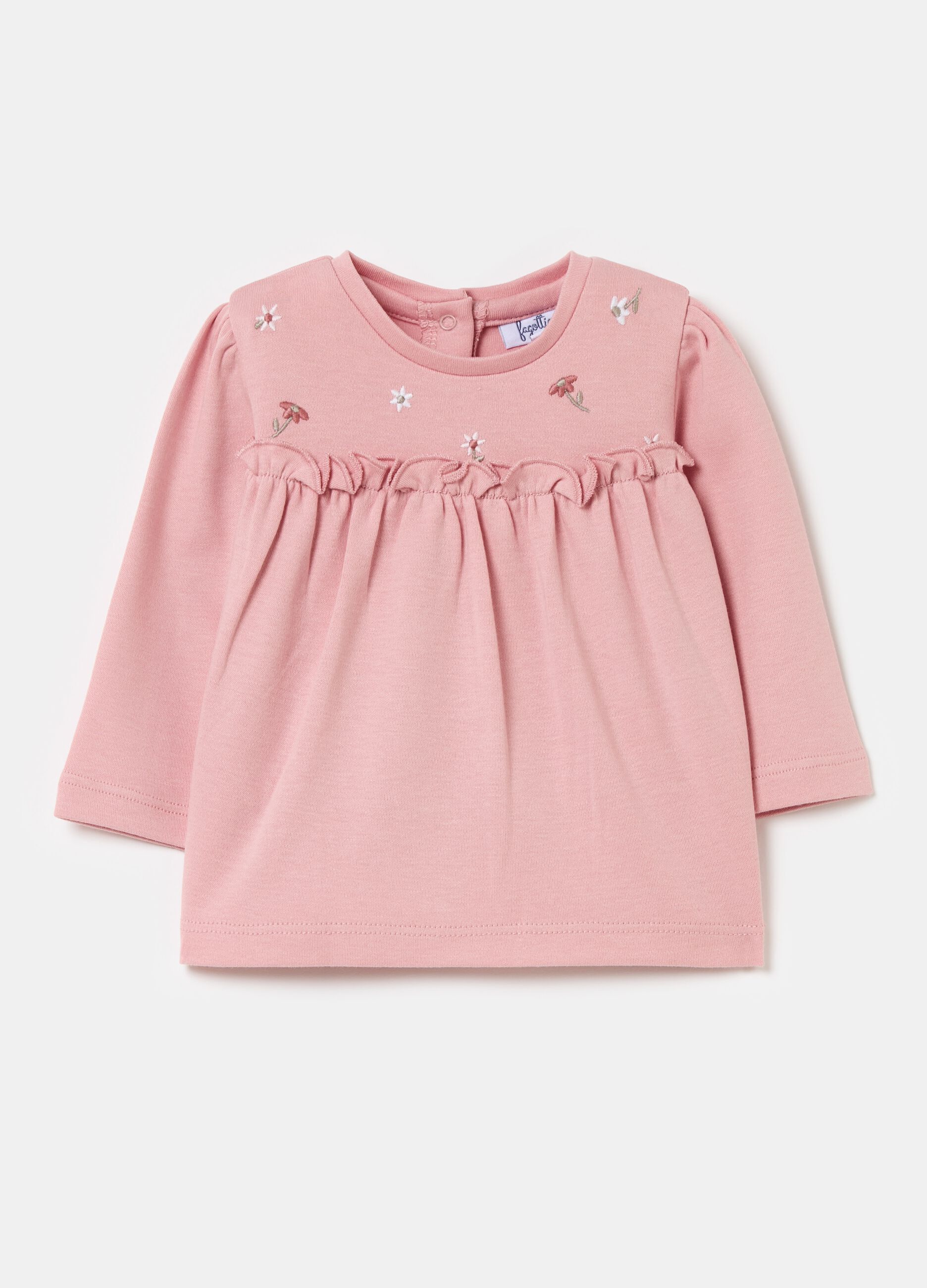 T-shirt with frill and small flowers embroidery