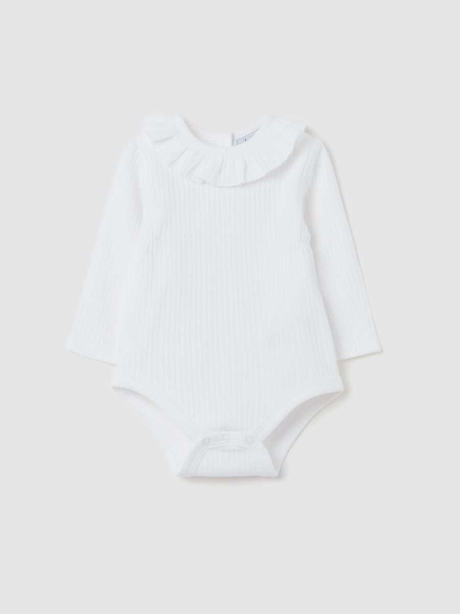 Organic cotton bodysuit with ribbing and flower collar_0