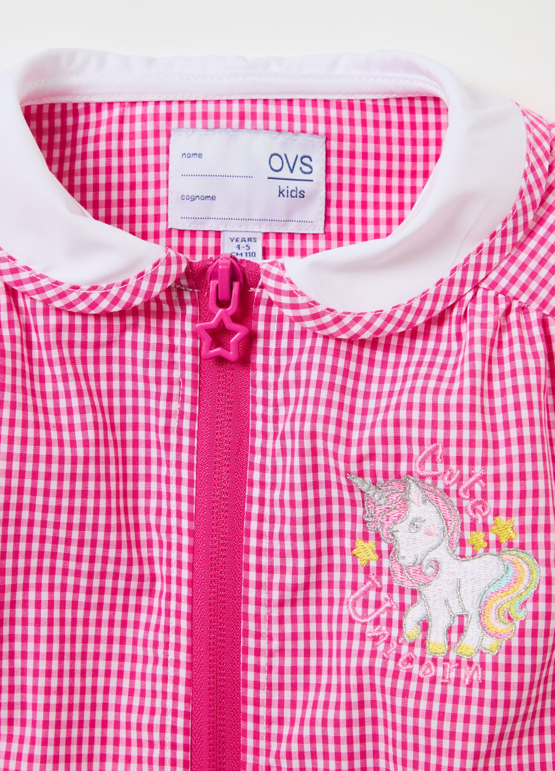 Gingham school smock with zip and embroidery