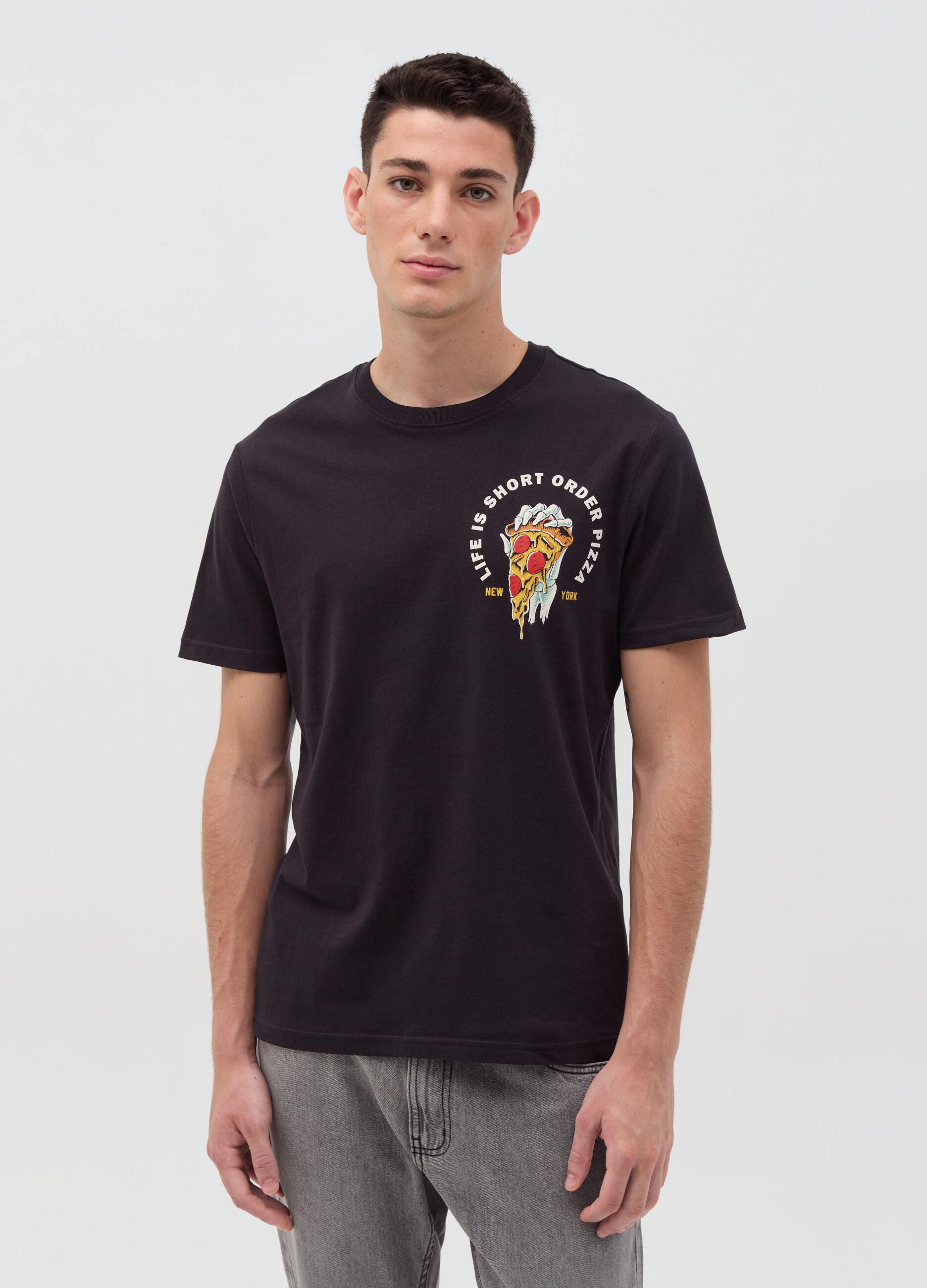 T-shirt with “Life is Short Order Pizza” print