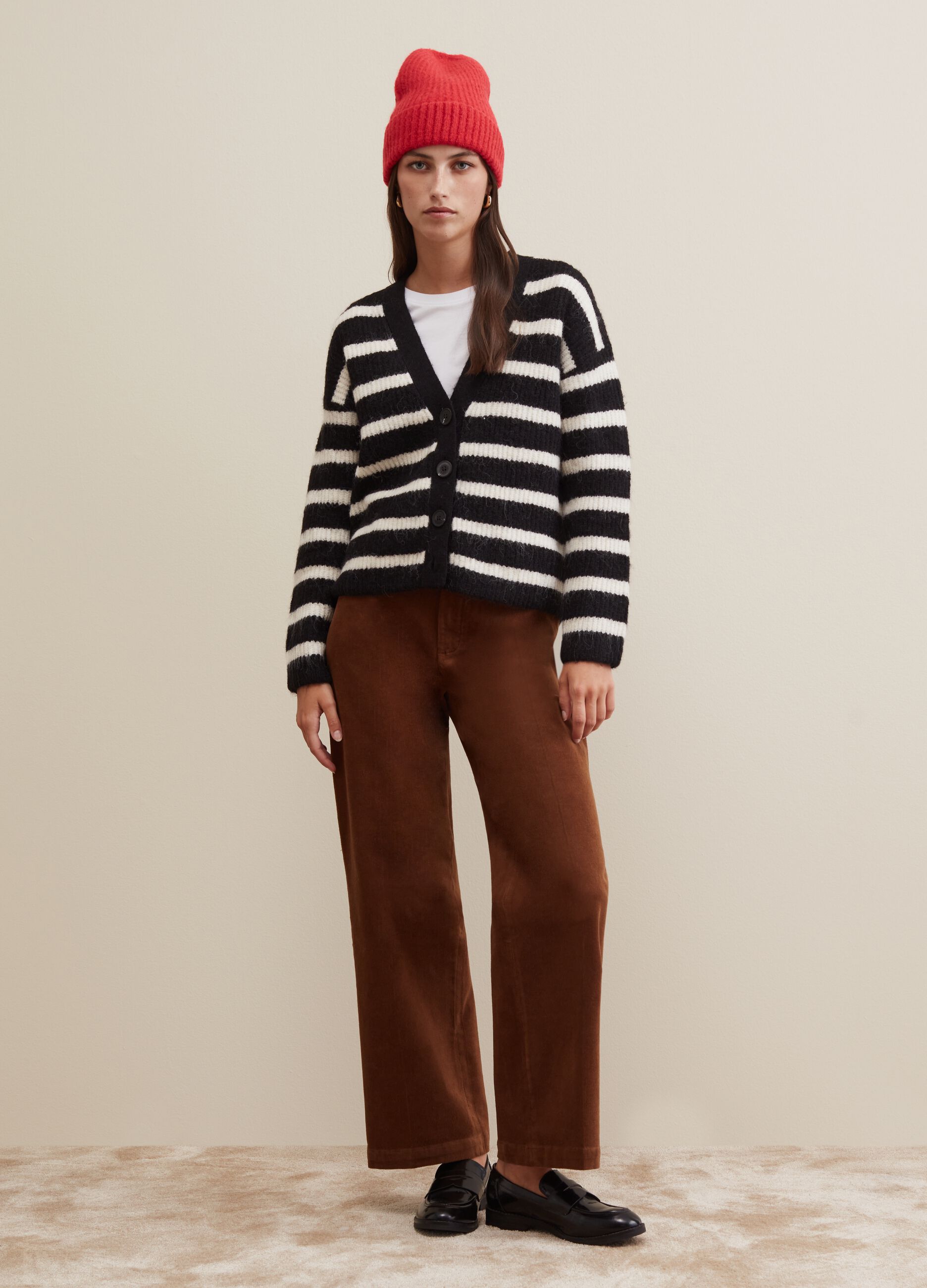 Flat-ribbed cardigan with striped pattern