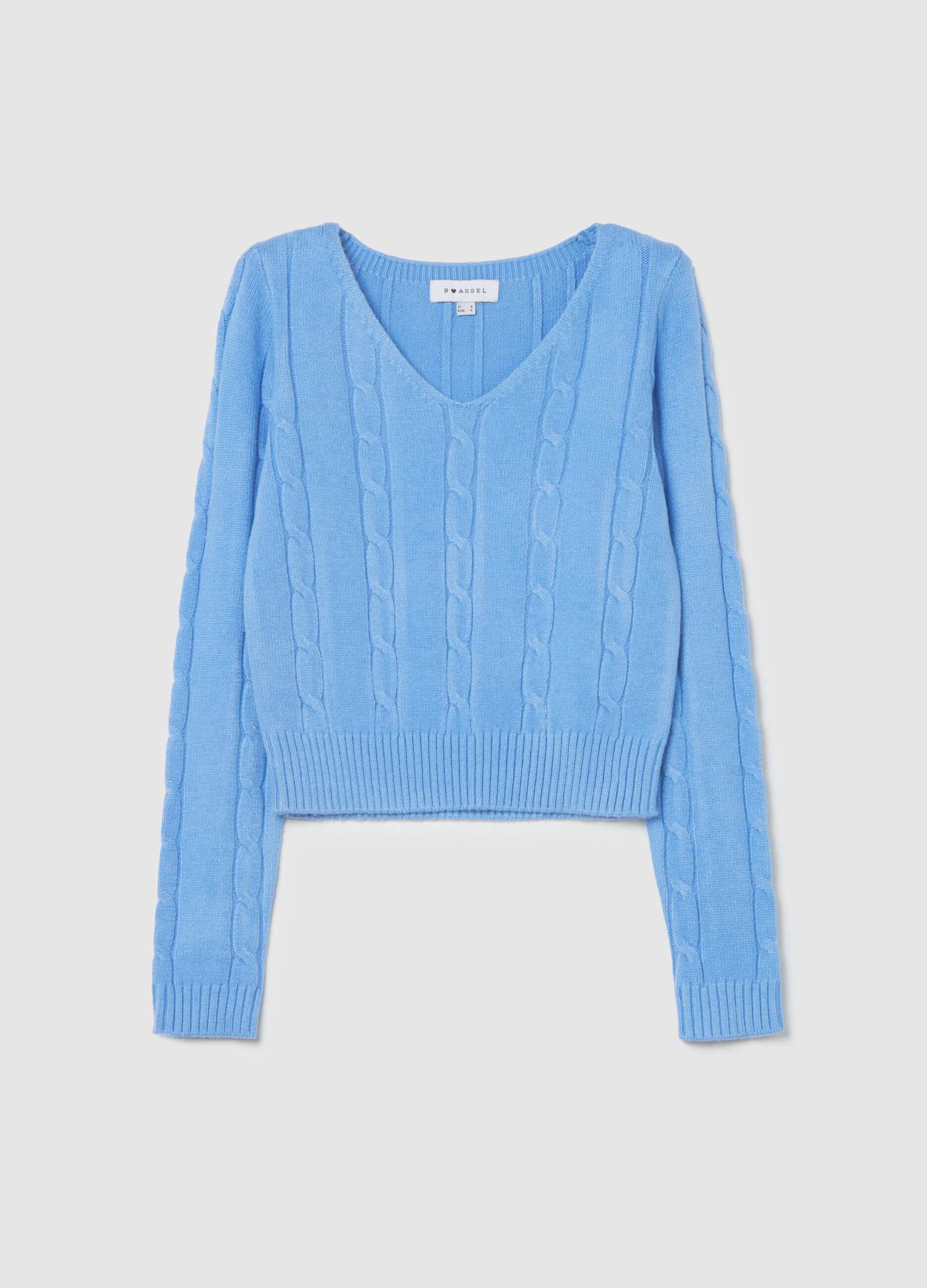 Cable-knit crop pullover with V neck