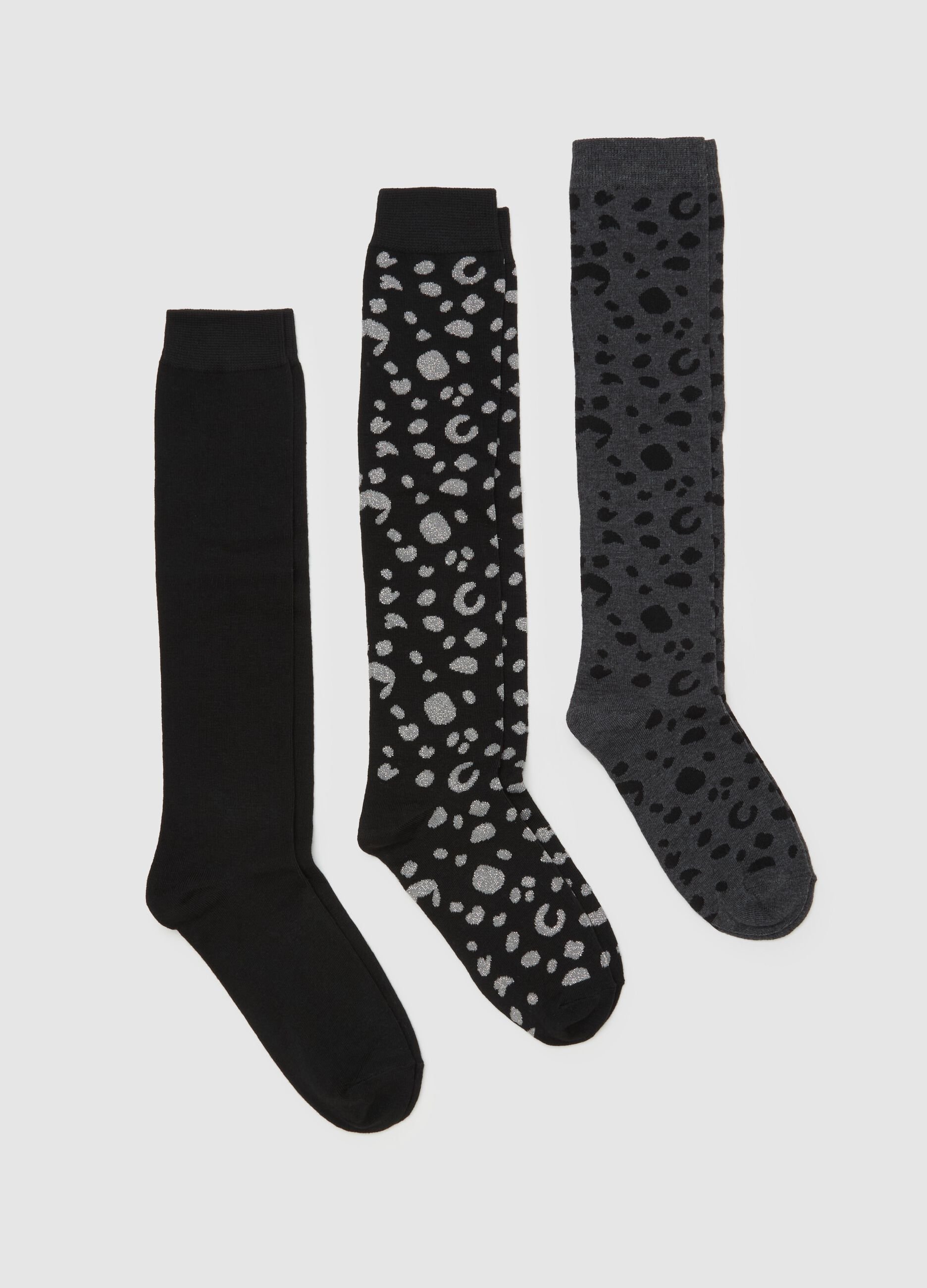 Three-pair pack long socks with animal print pattern