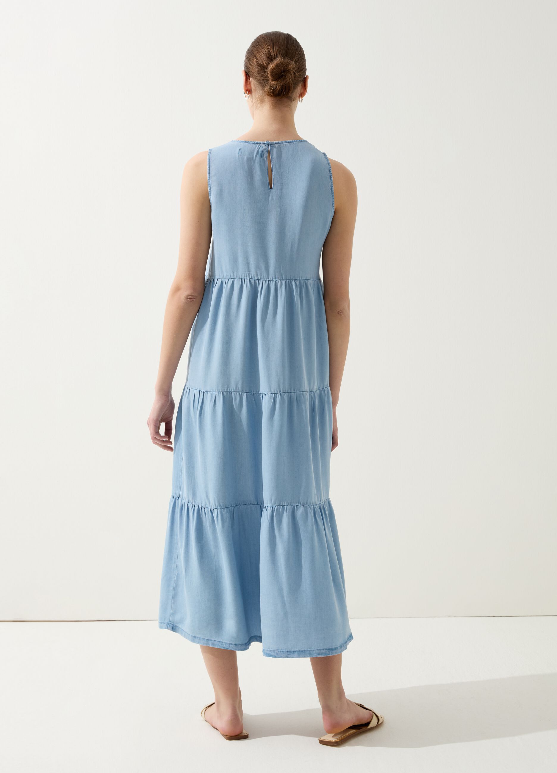 Long denim-effect tiered dress