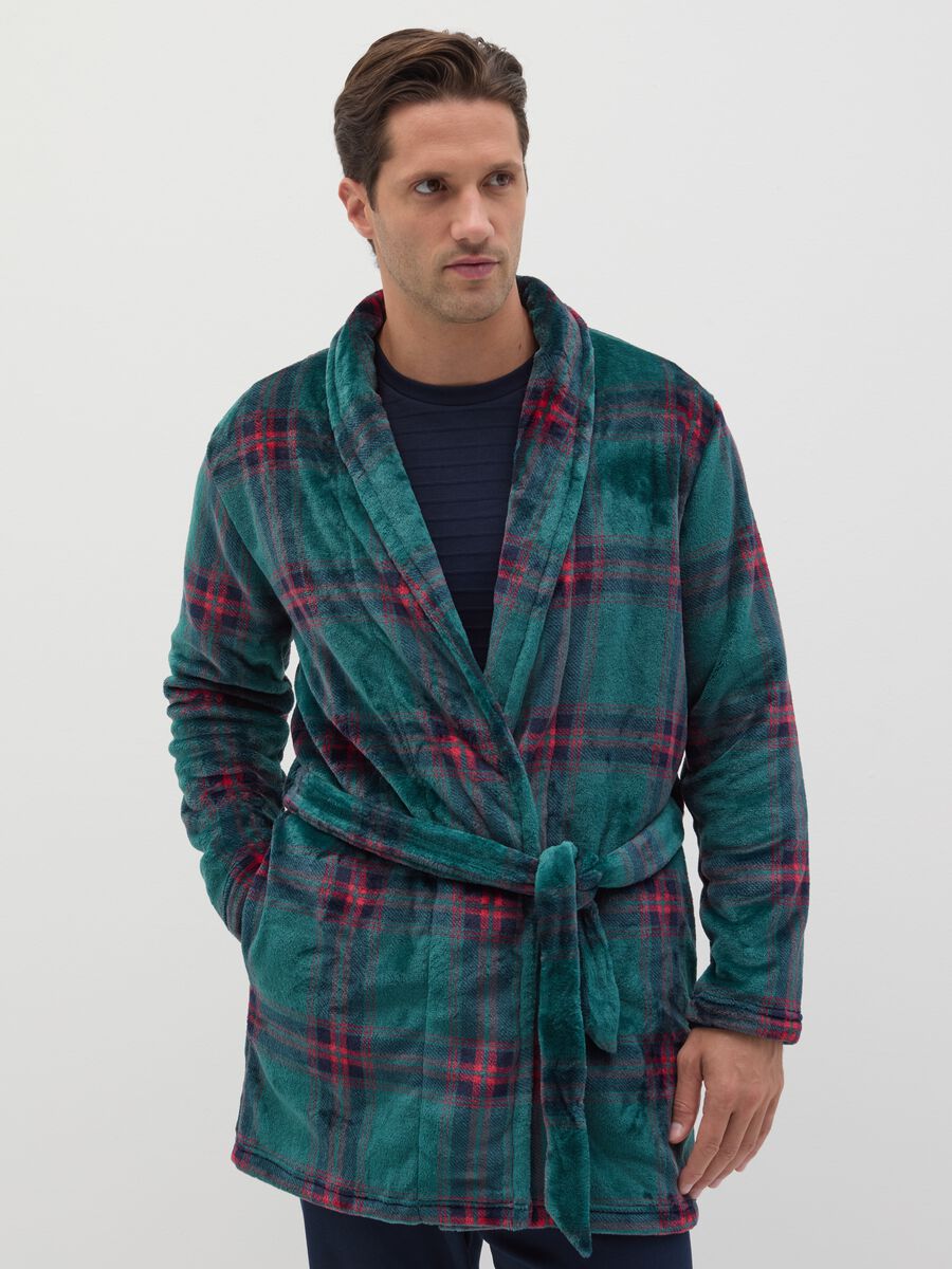 Long dressing gown in fleece with tartan pattern_1