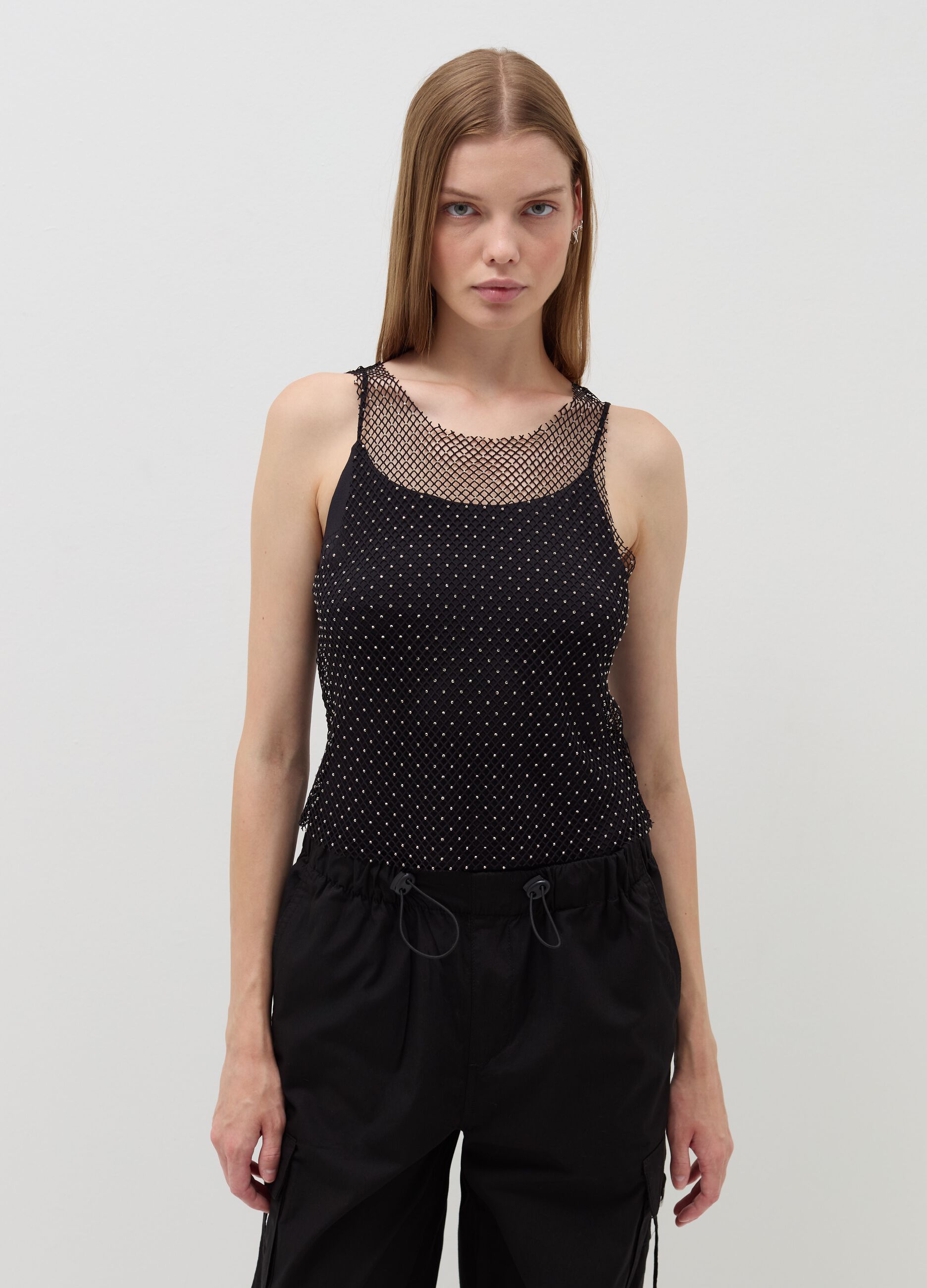 Mesh tank top with micro diamantés