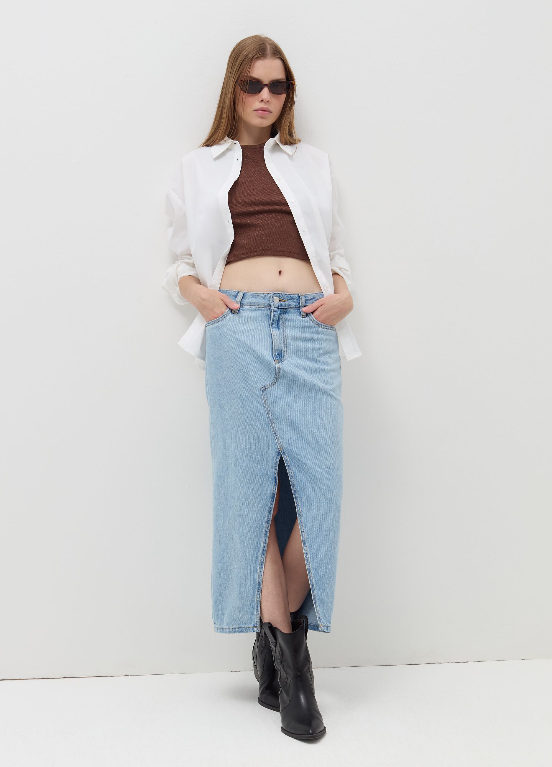 Long denim skirt with split