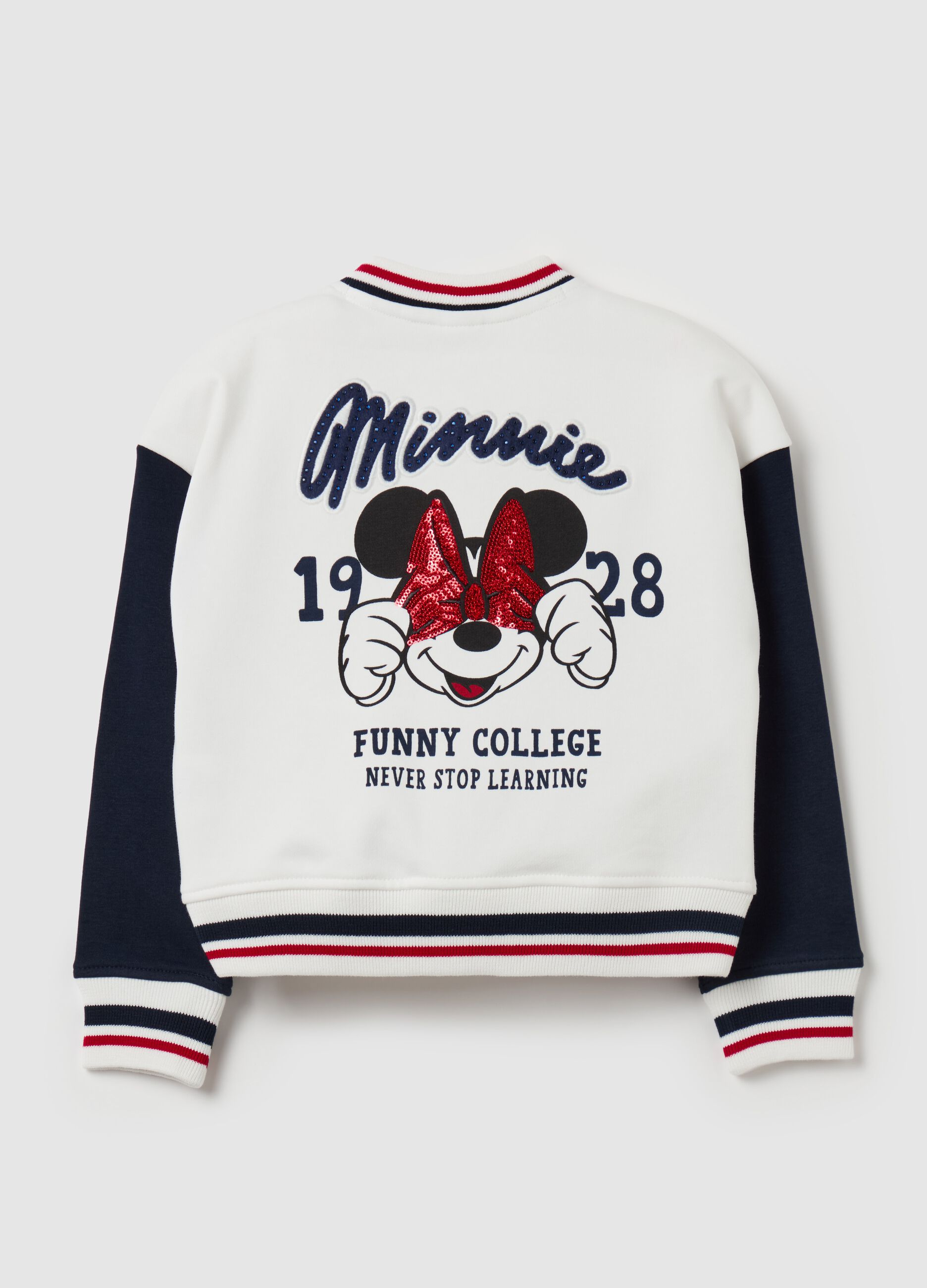 Felpa varsity con stampa Minnie e strass