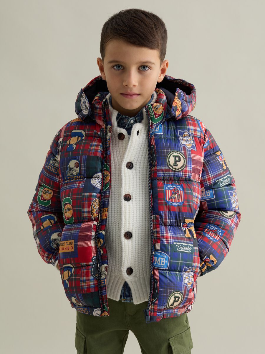 Quilted tartan down jacket with hood_0