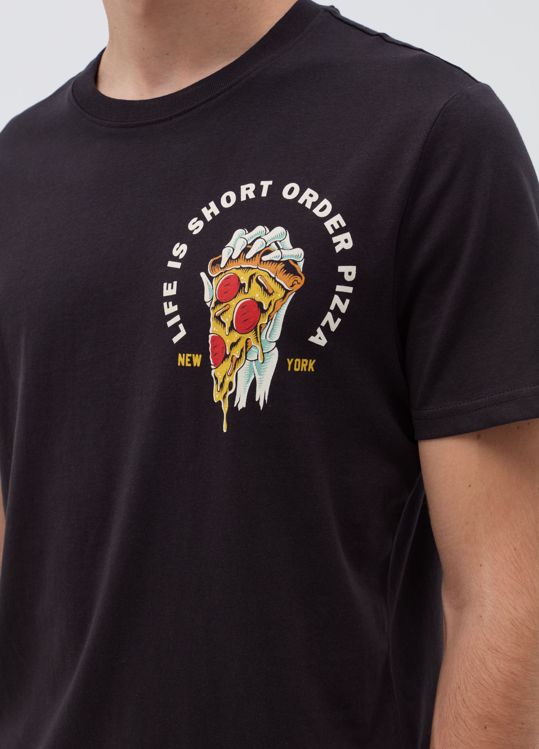 T-shirt with “Life is Short Order Pizza” print