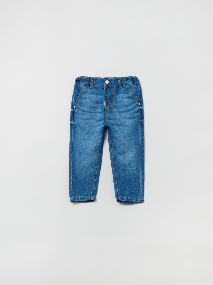 Jeans in cotone e lino con tasche_0
