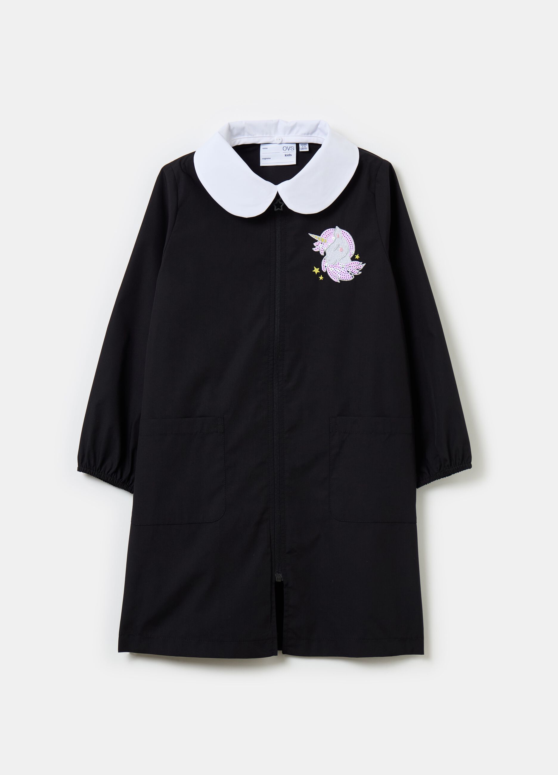 School smock with embroidered unicorn and zip