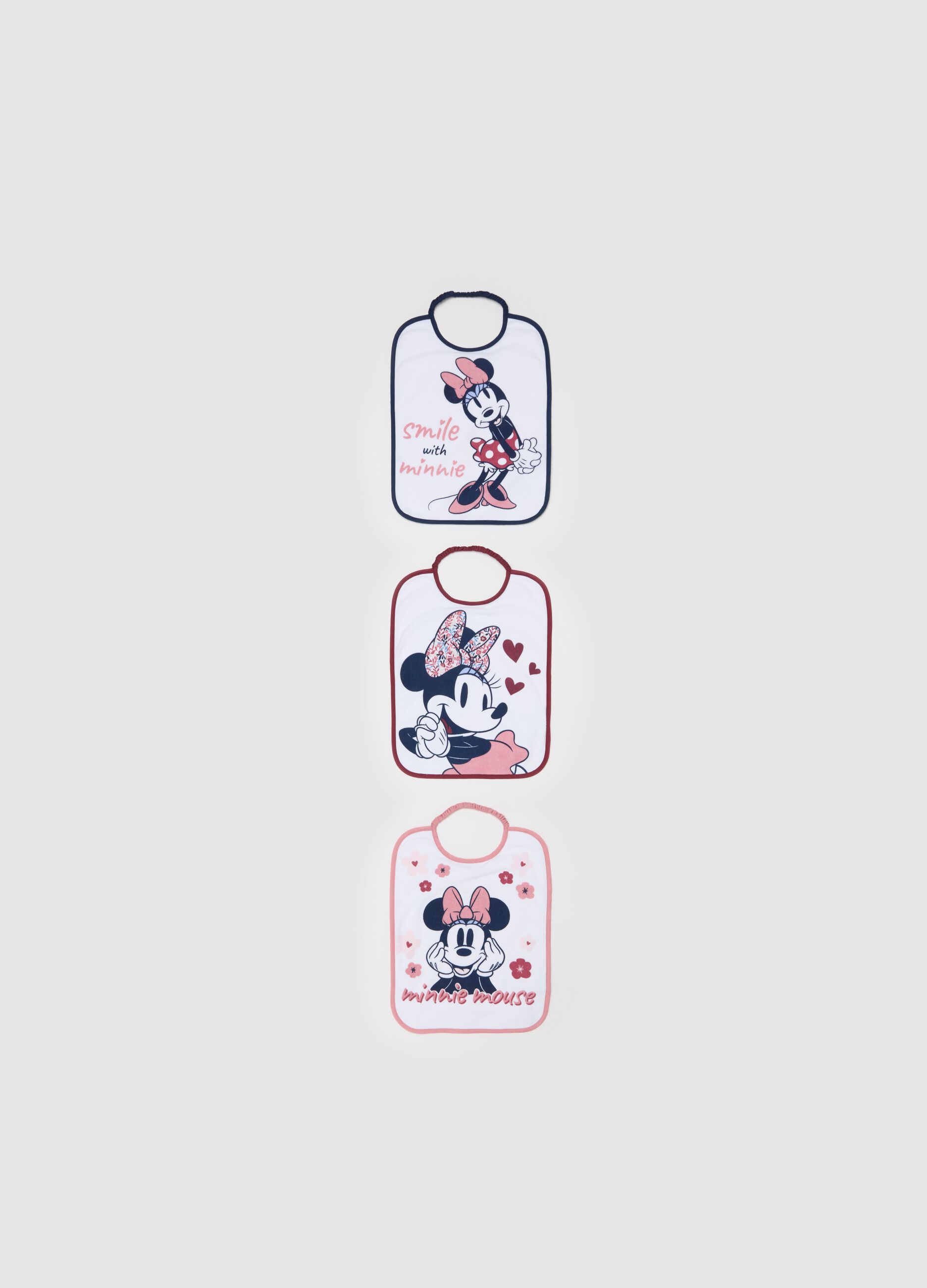 Three-pack bibs with PEVA backing and Minnie Mouse print