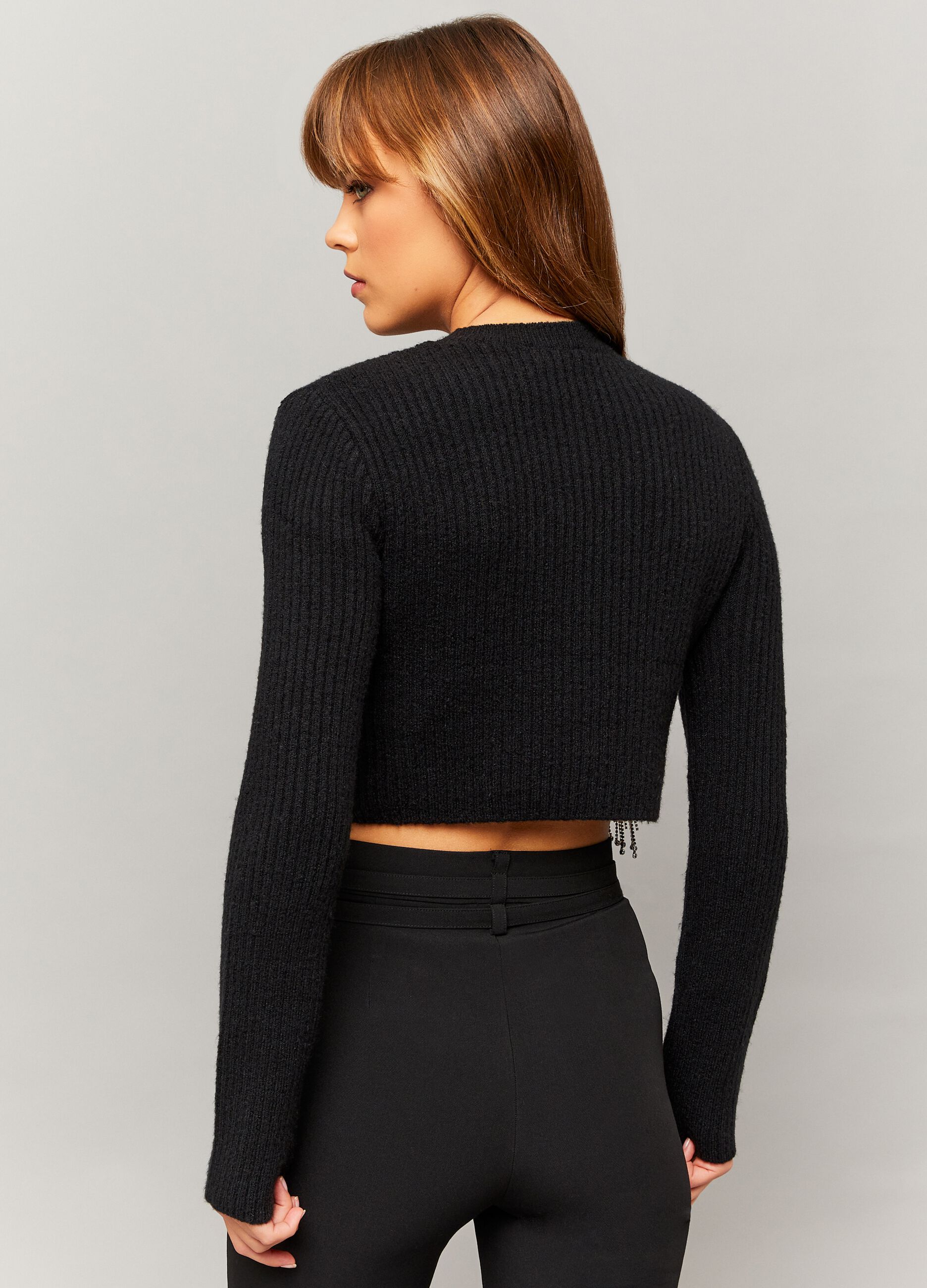 Ribbed crop top with fringes in diamantés