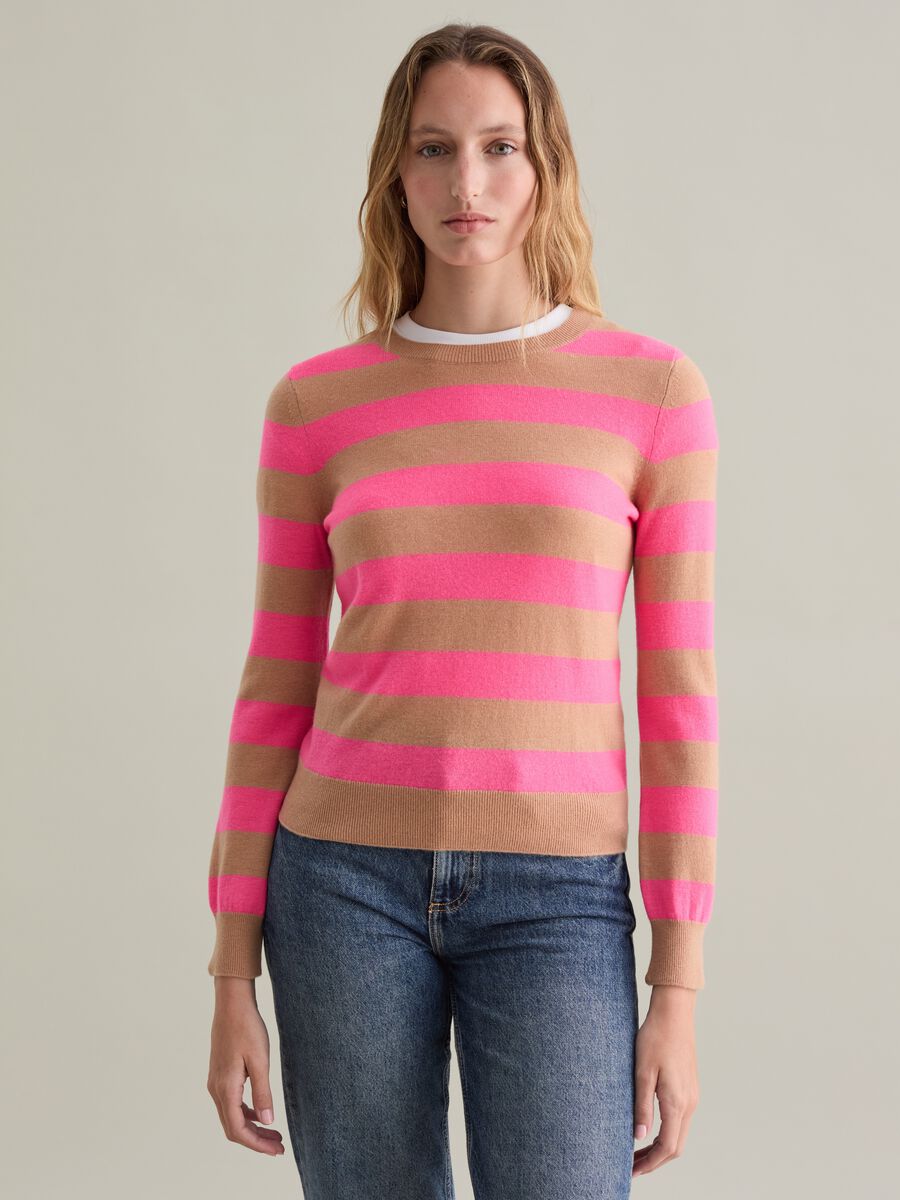 Pullover with round neck in striped wool_1