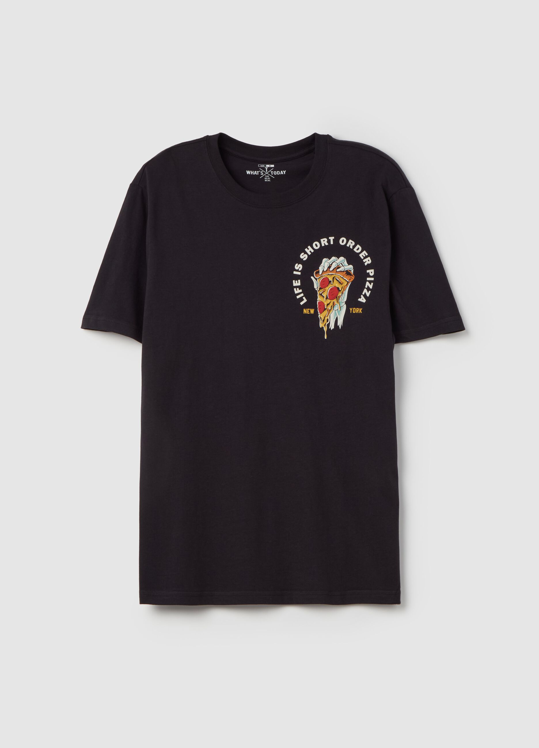 T-shirt with “Life is Short Order Pizza” print