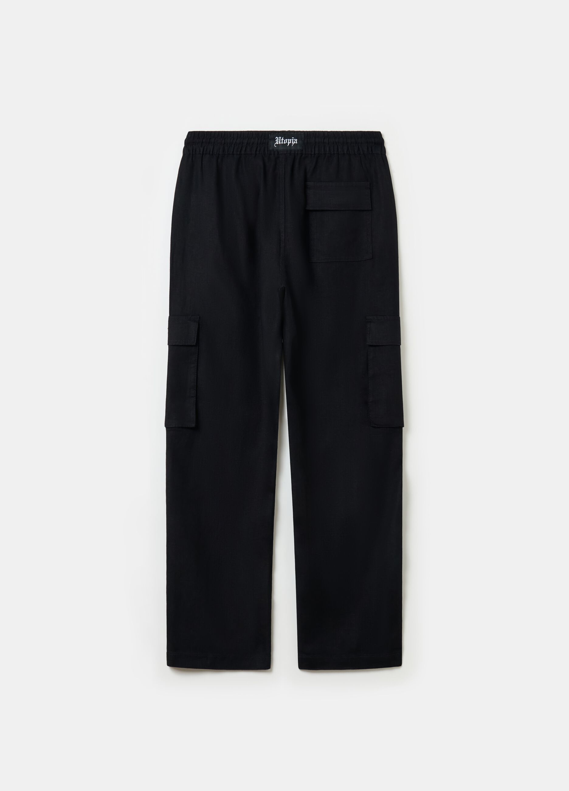 100% Linen Cargo Trousers Black