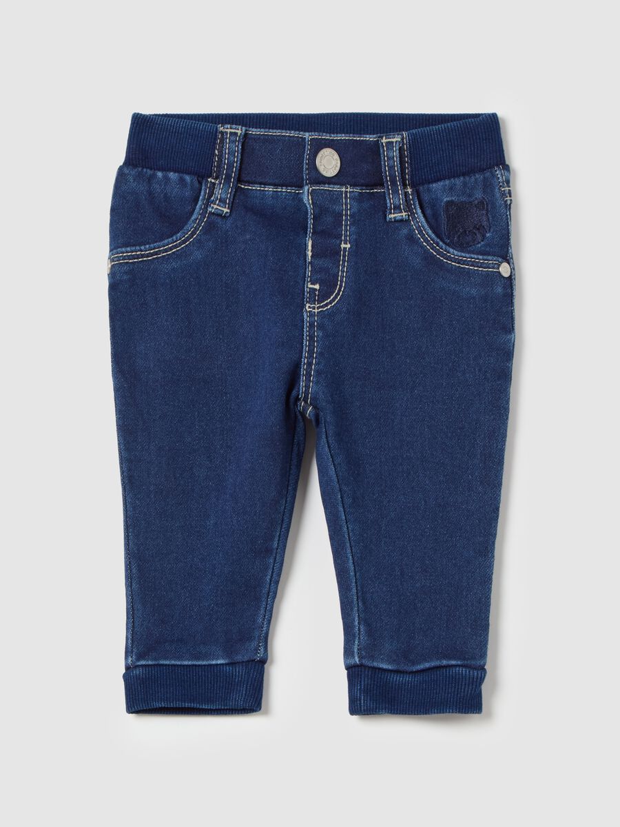 French terry denim jeans with teddy bear embroidery_0