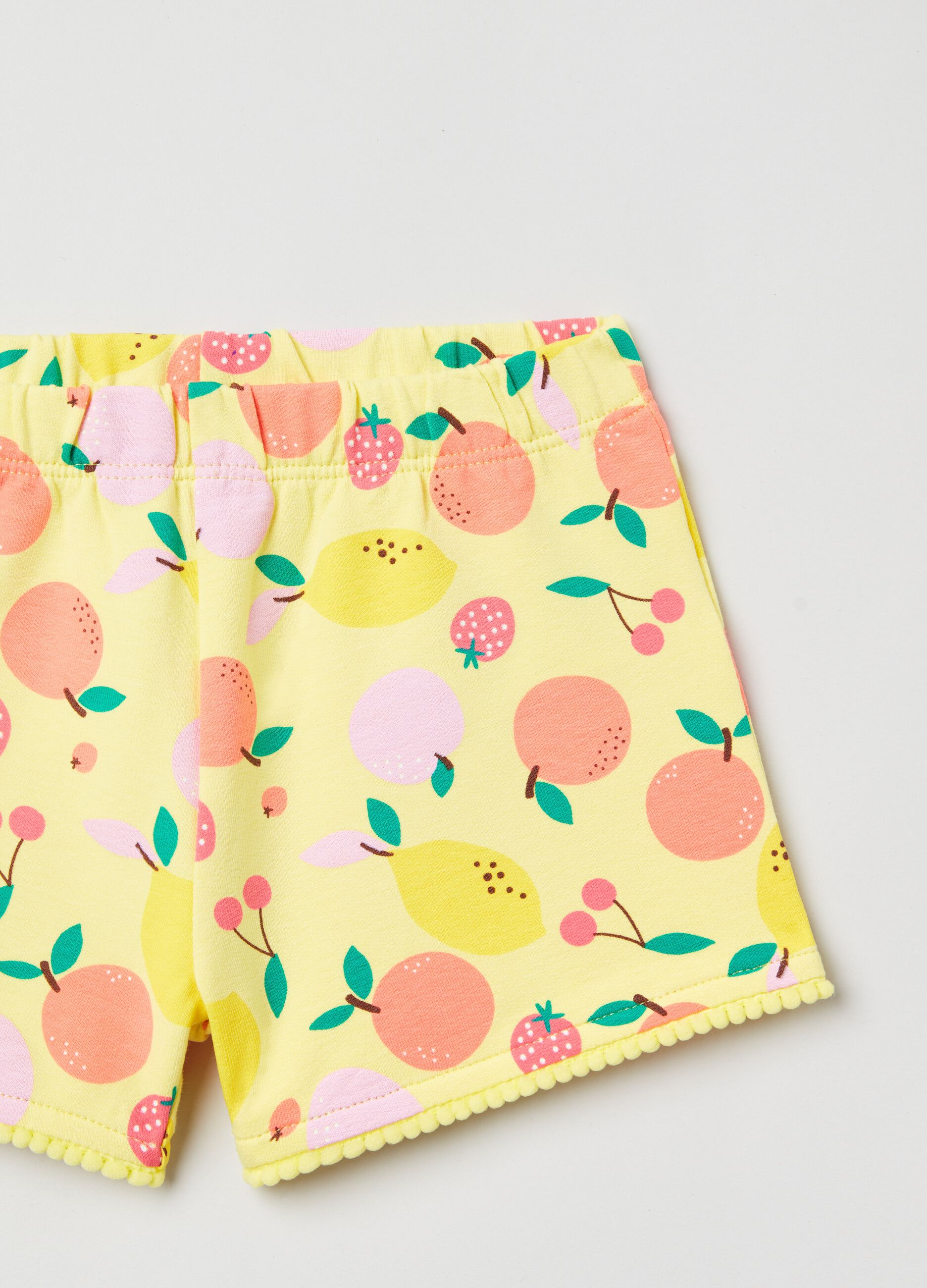 French terry shorts with print and pompoms