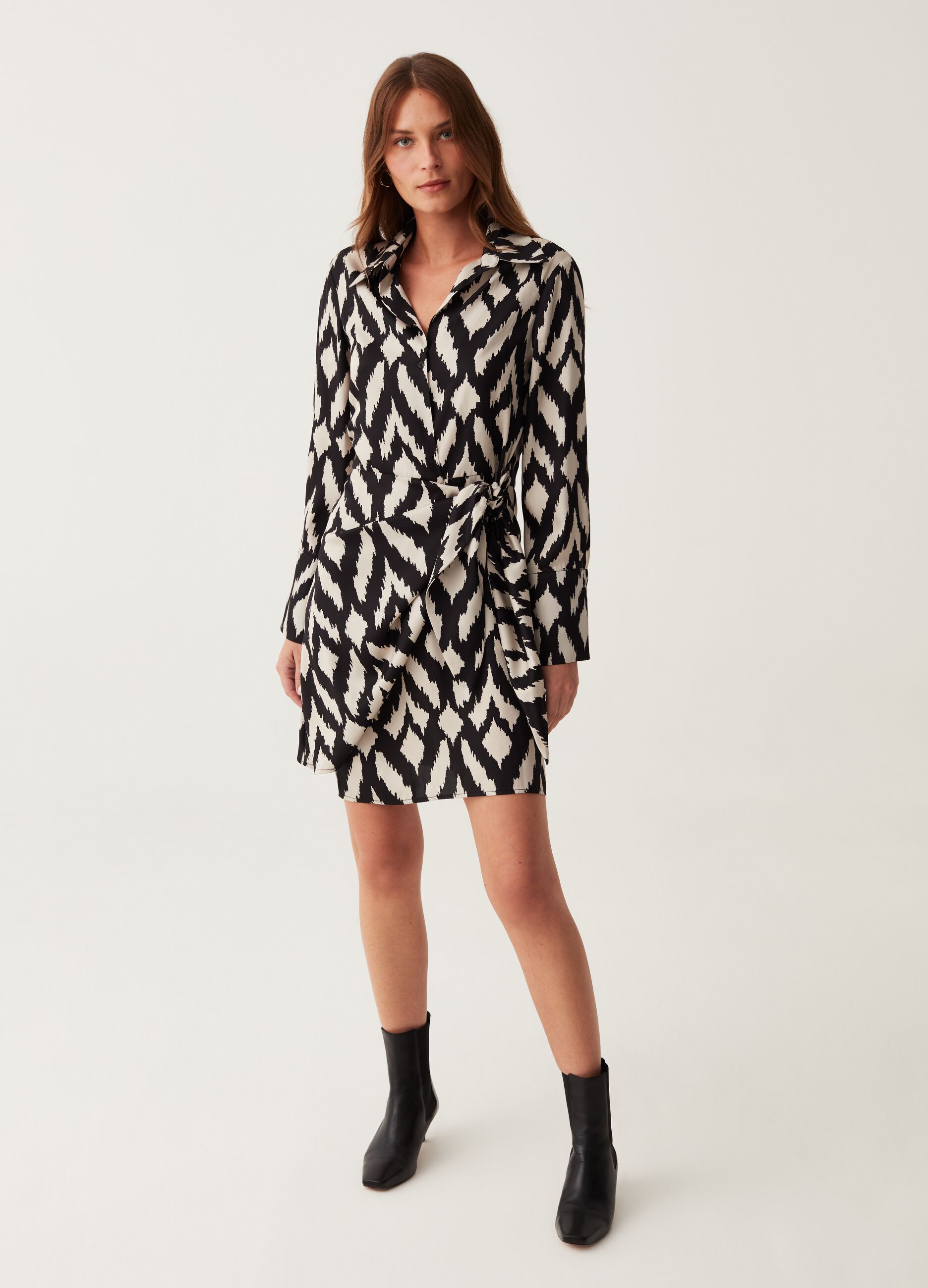 Wraparound shirt dress with ikat print