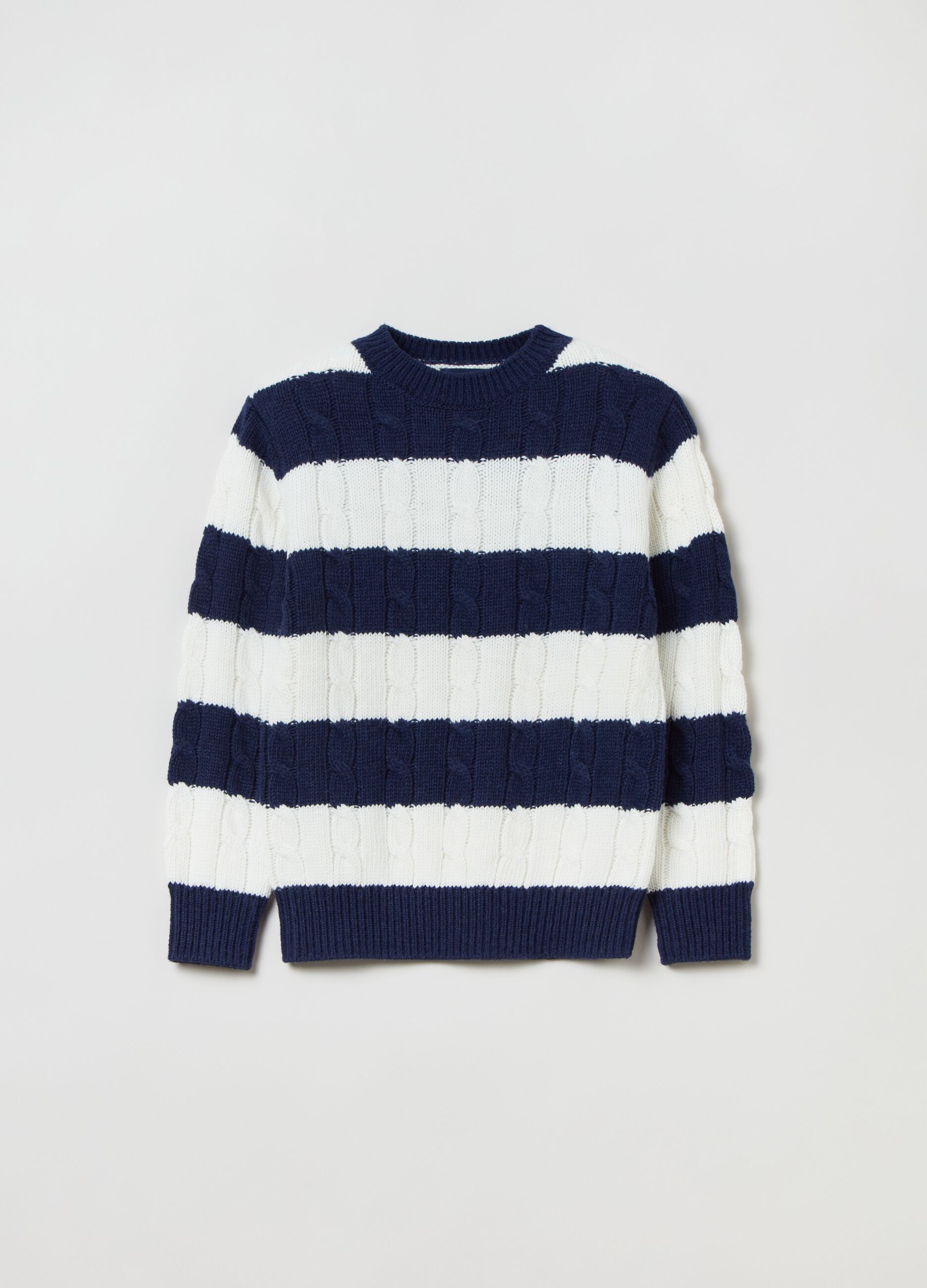 Striped pullover with cable-knit design