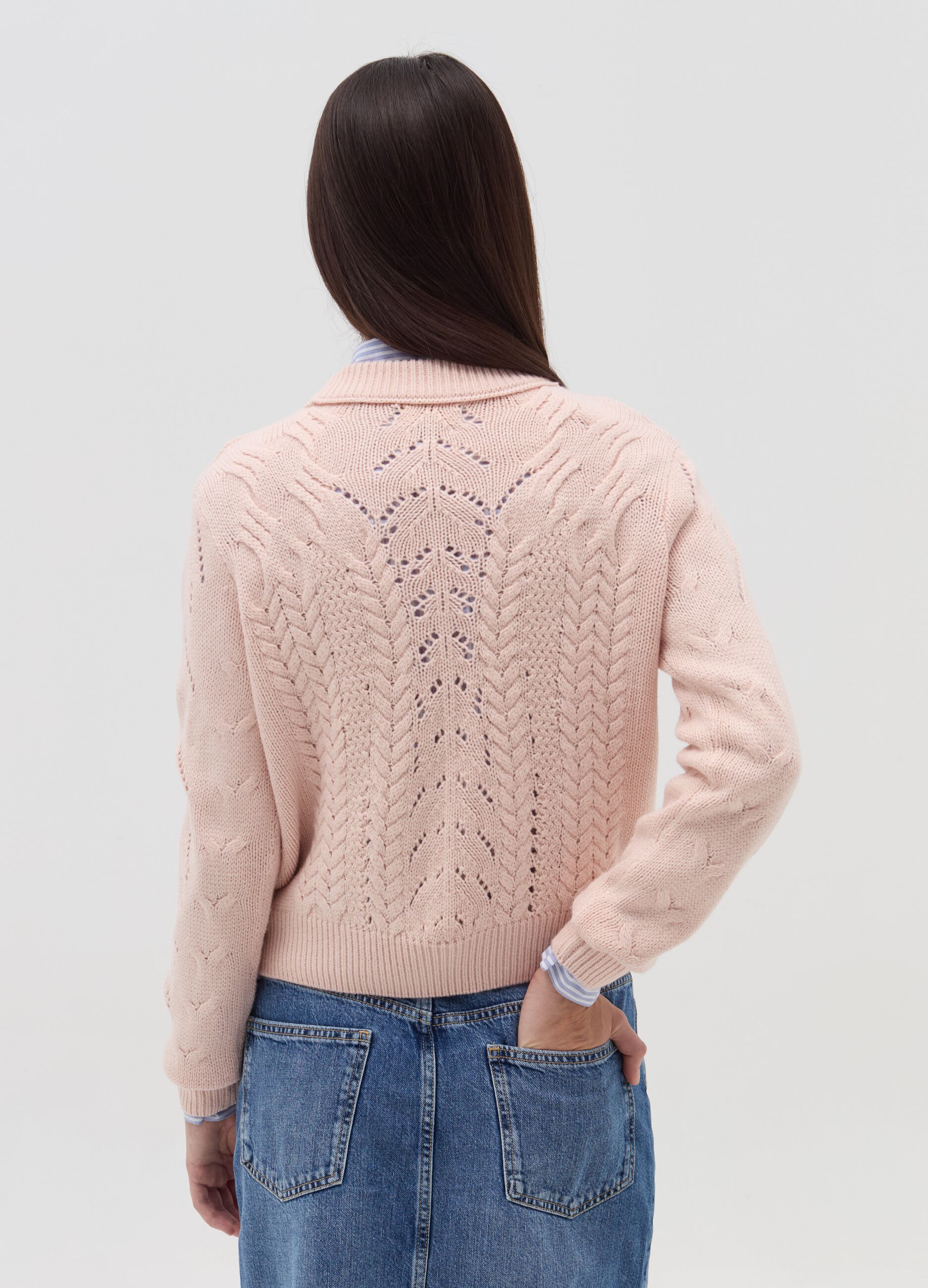 Cropped pointelle pullover with cable-knit design