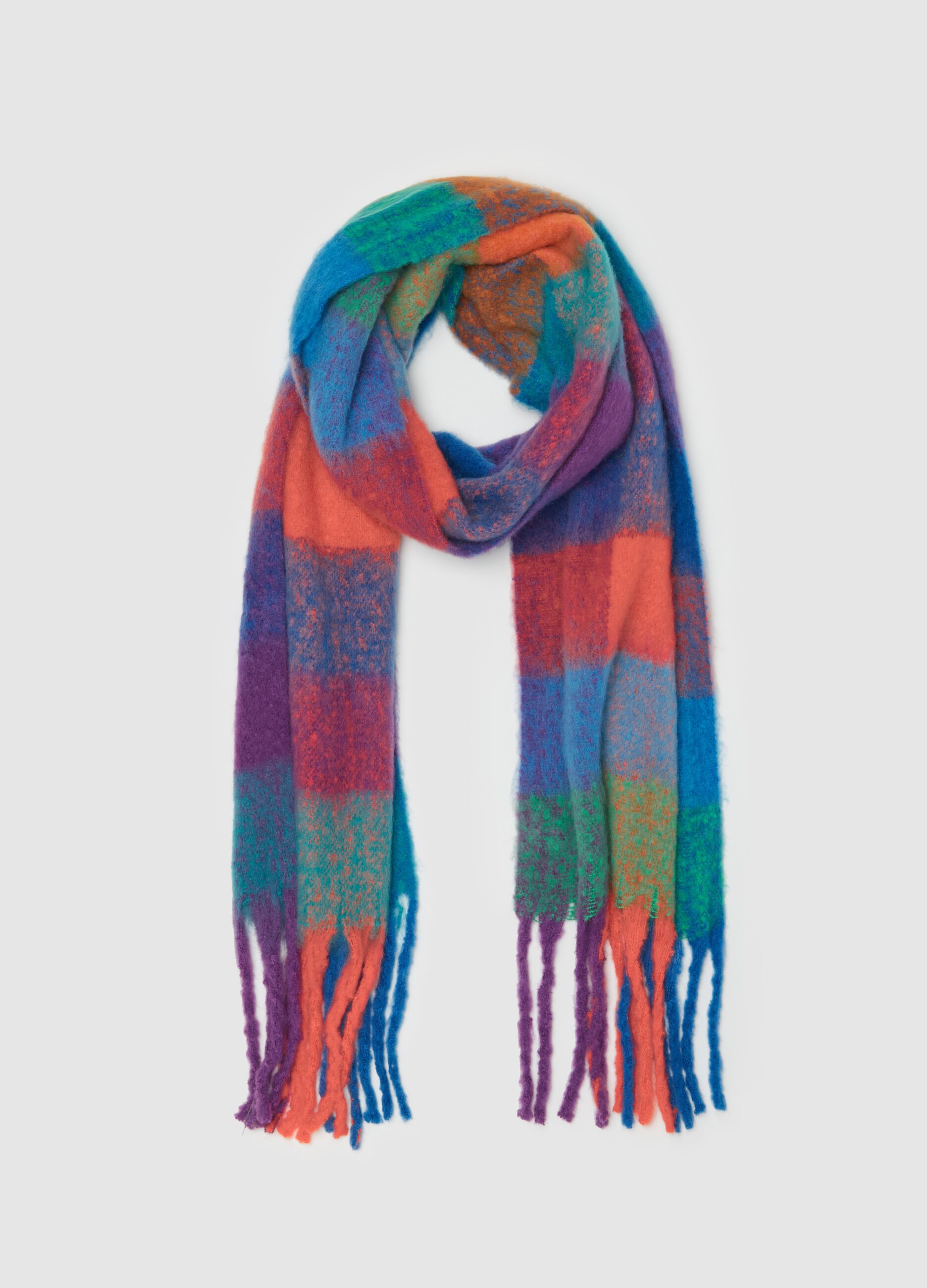 Multicoloured check scarf with fringing