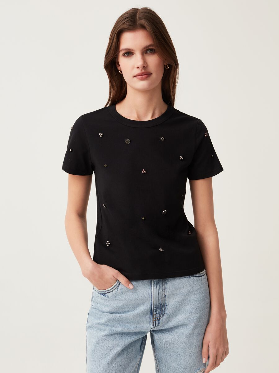 Cotton T-shirt with diamanté motifs_0