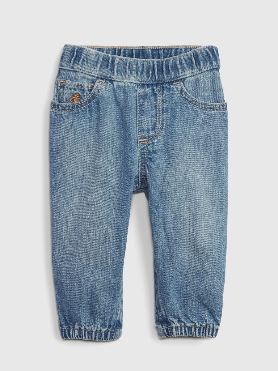 Jeans in cotone bio con ricamo orsetto_0