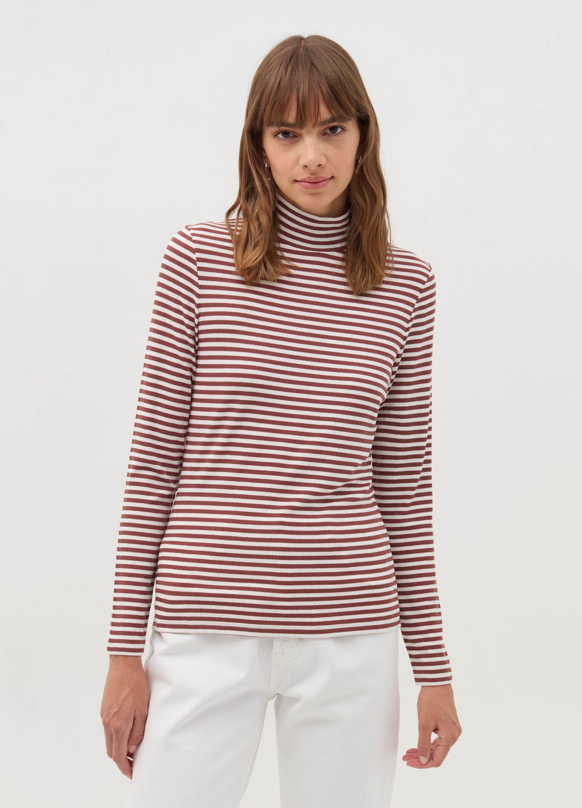 Striped T-shirt with mock neck