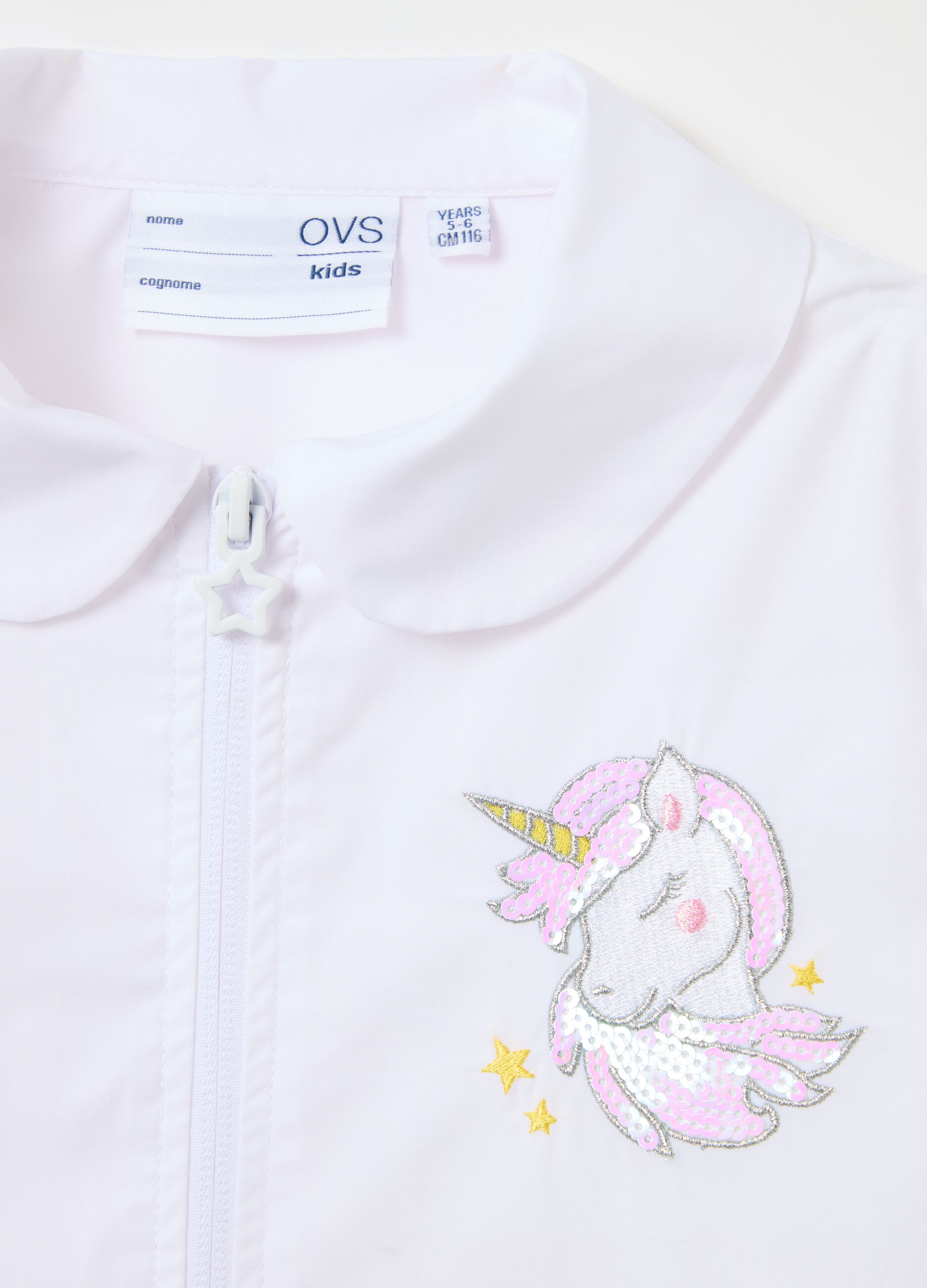 School smock with embroidered unicorn and zip