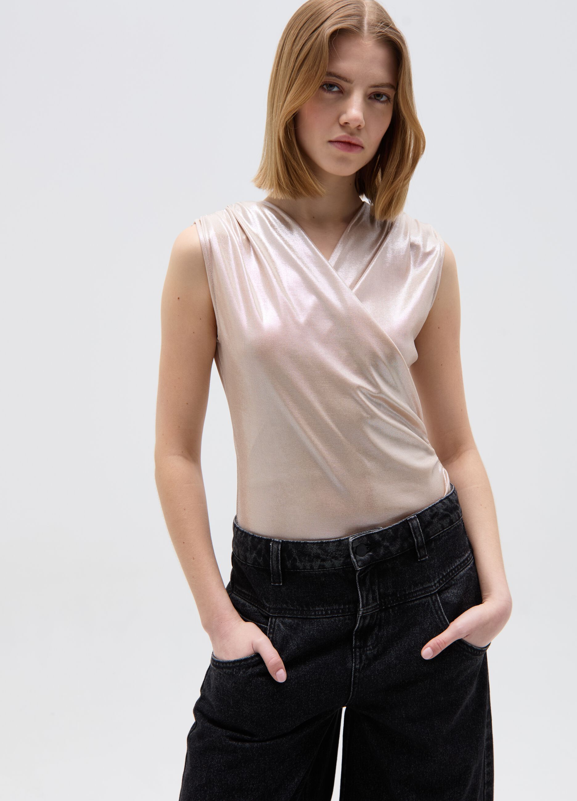 Boxy-fit foil bodysuit with draping