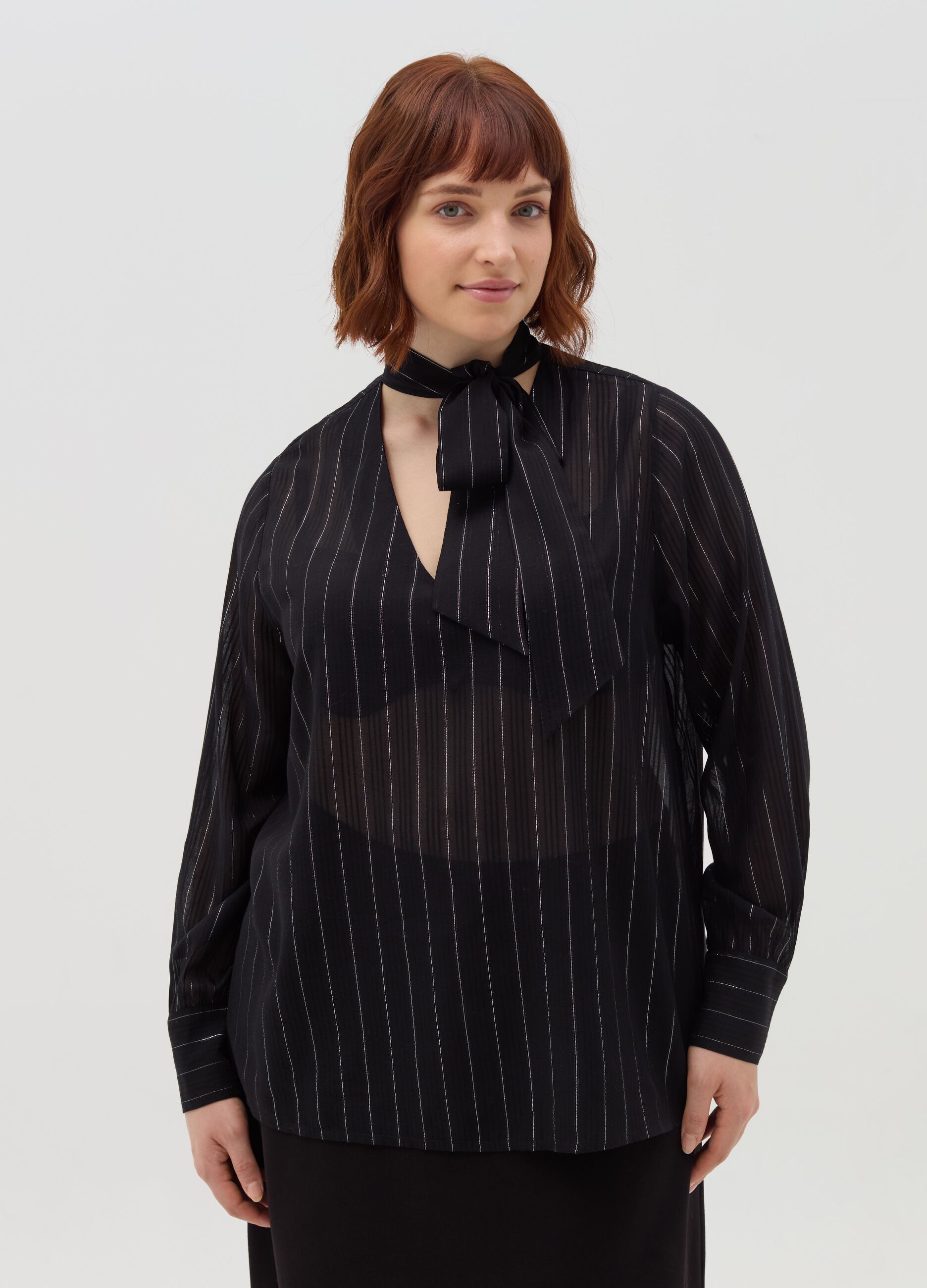 Curvy pinstripe blouse with scarf