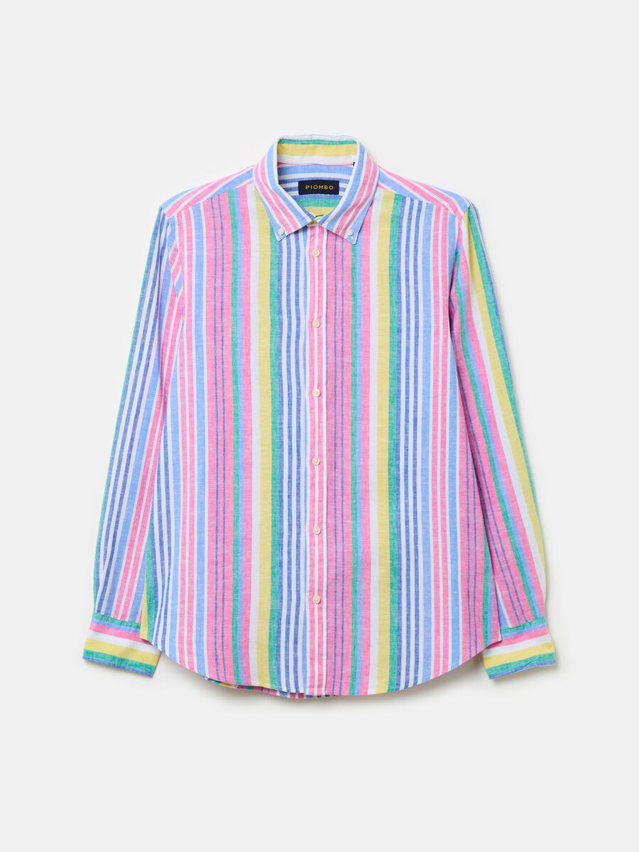 Camisa de lino y algodón de rayas multicolor_3