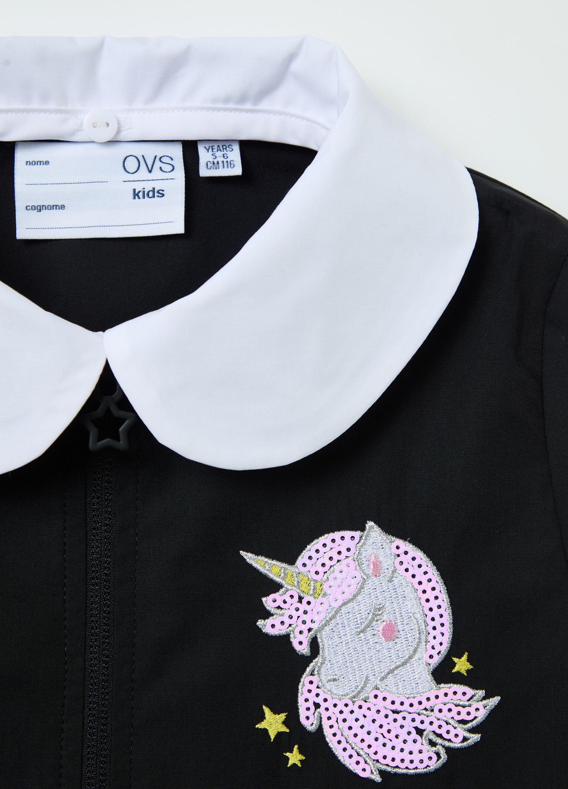 School smock with embroidered unicorn and zip