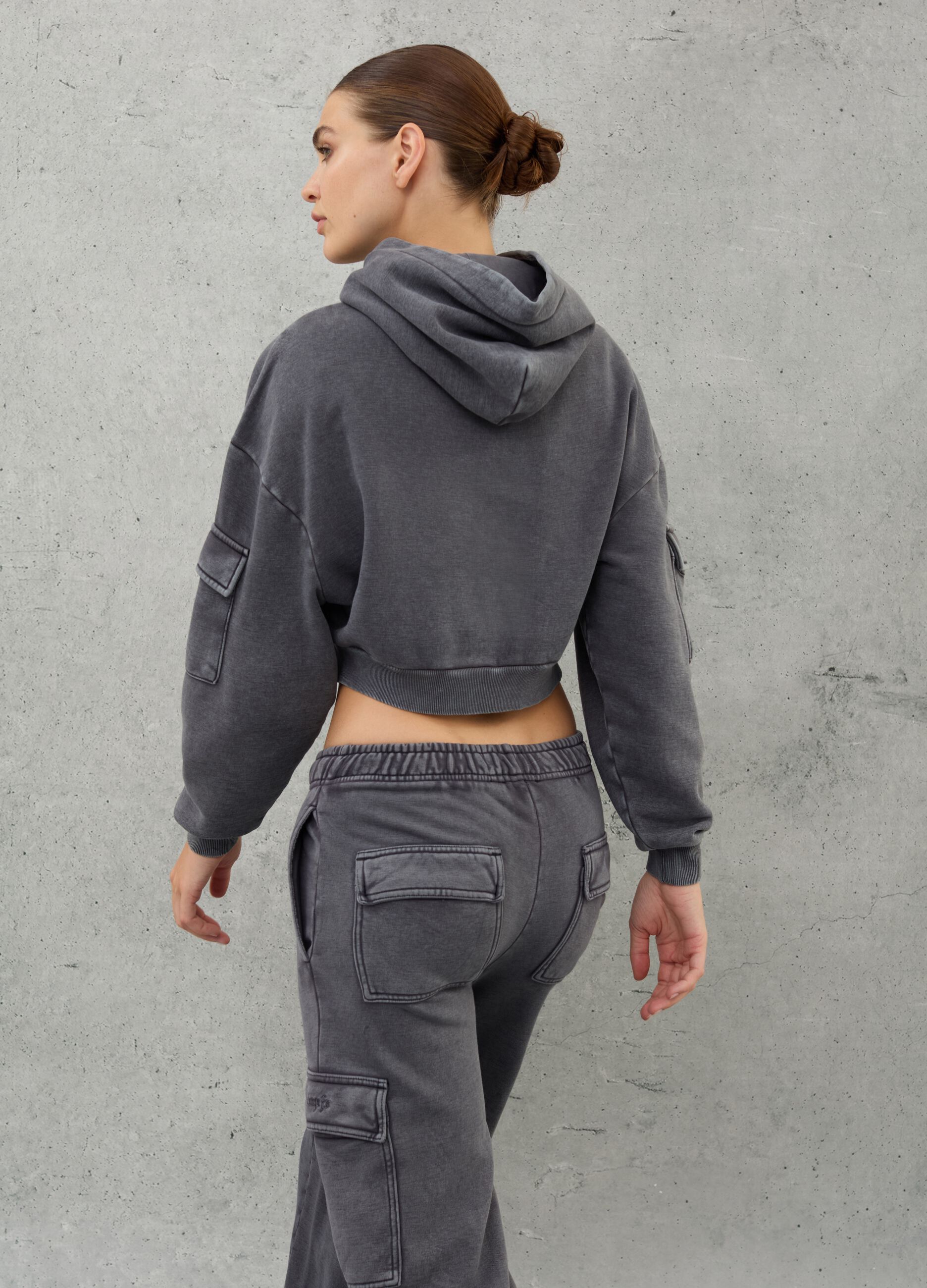 Crop Cargo Hoodie Vintage Grey