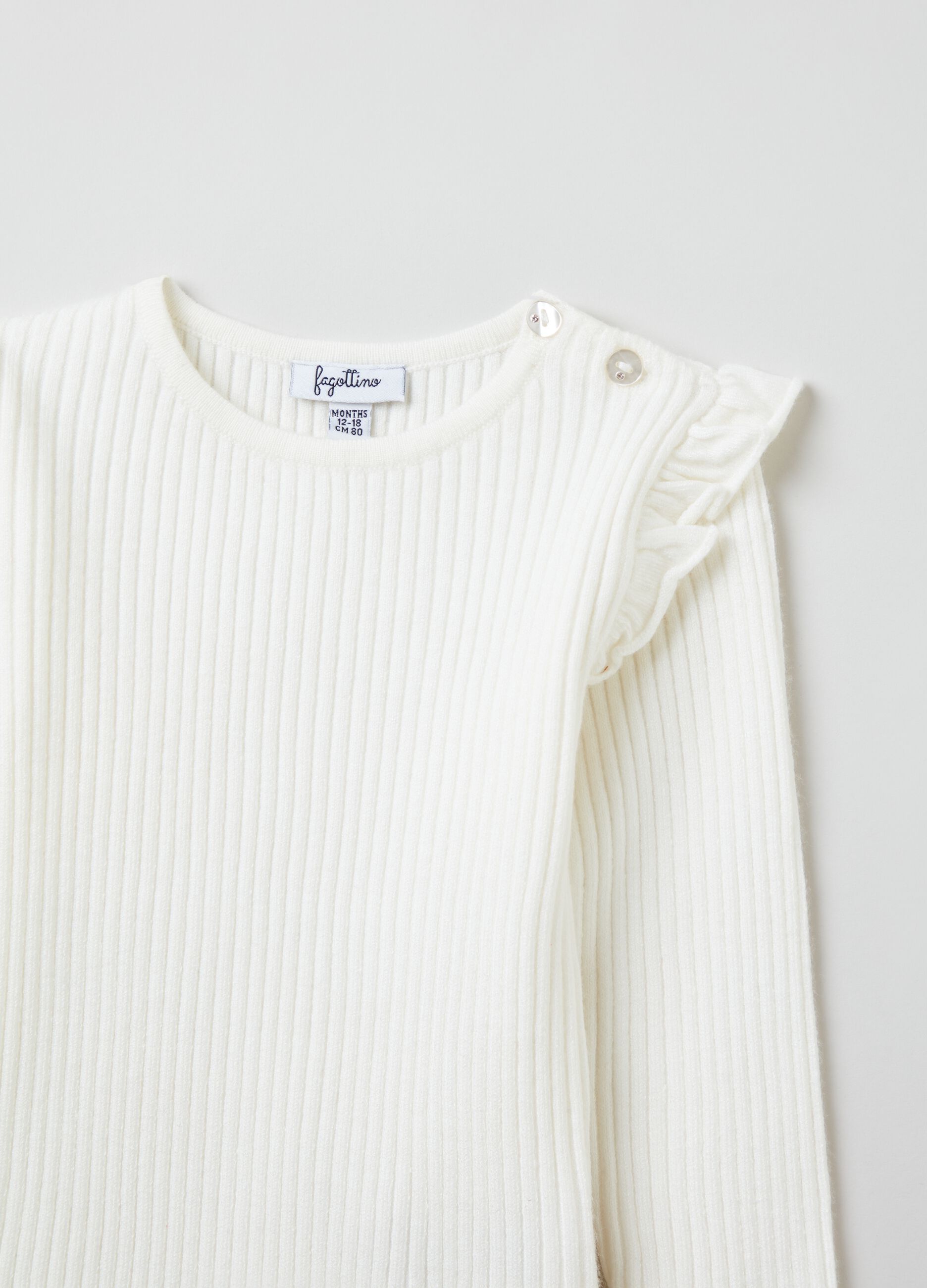 Long-sleeved ribbed T-shirt with flounce