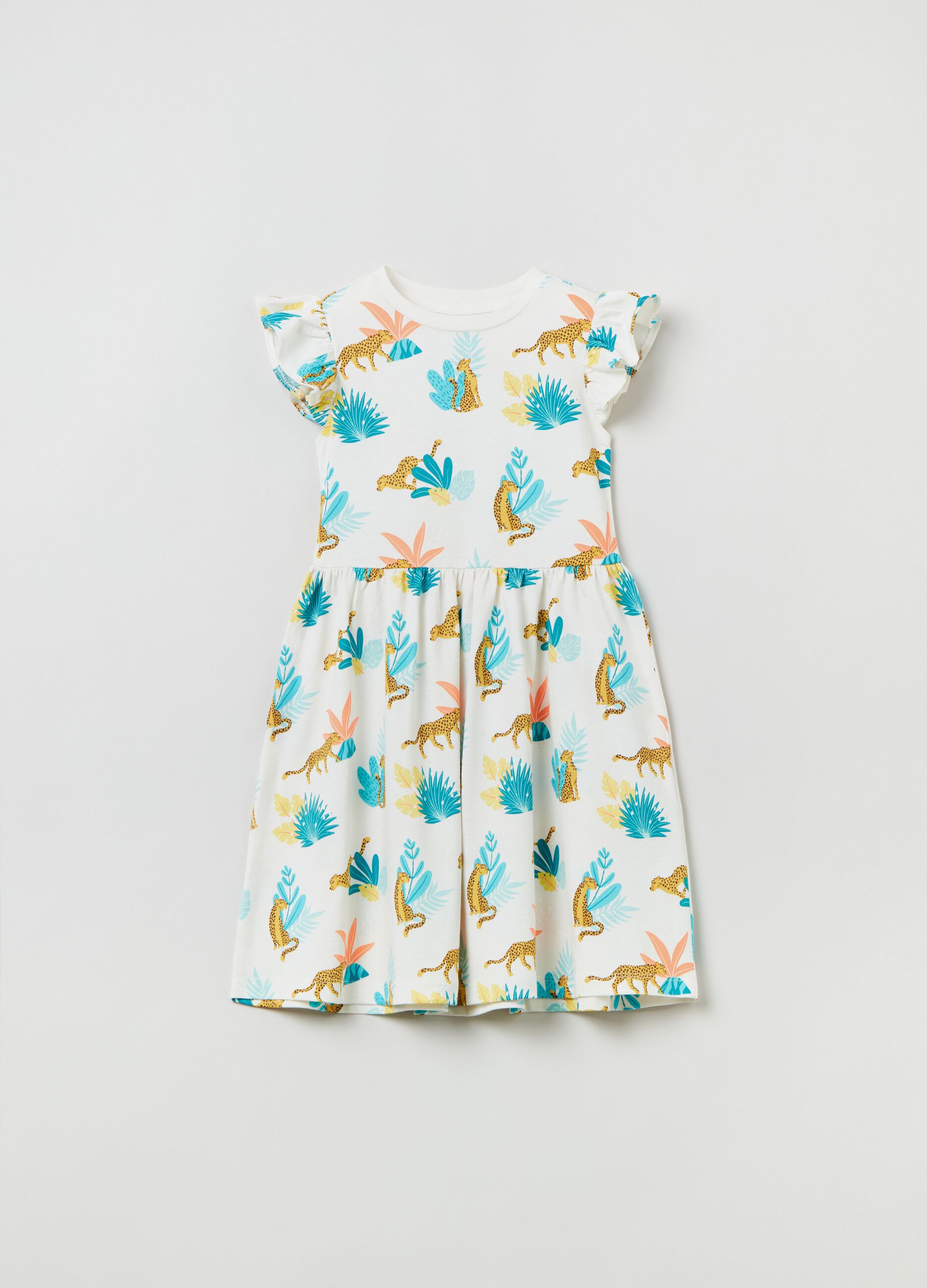 Dress with all-over print and frills