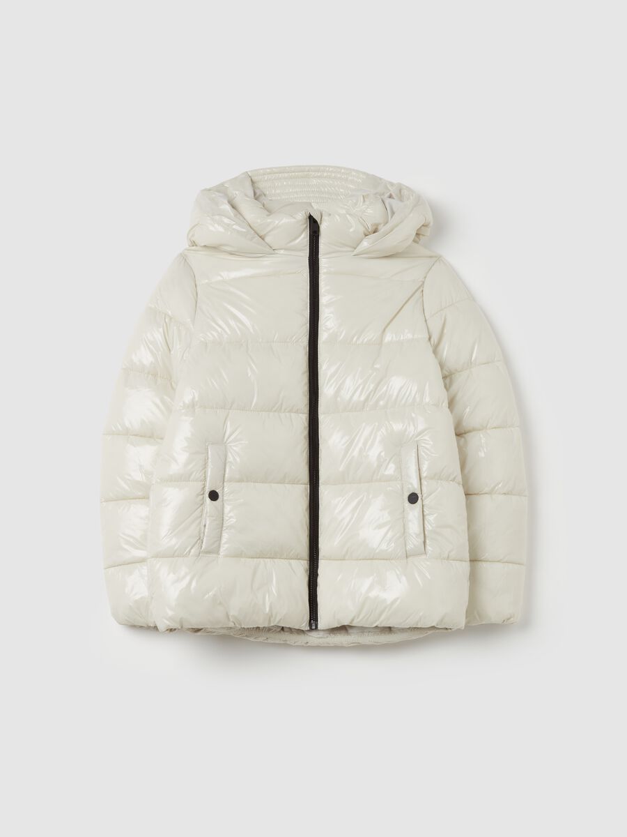 Shiny quilted padded jacket with hood_0