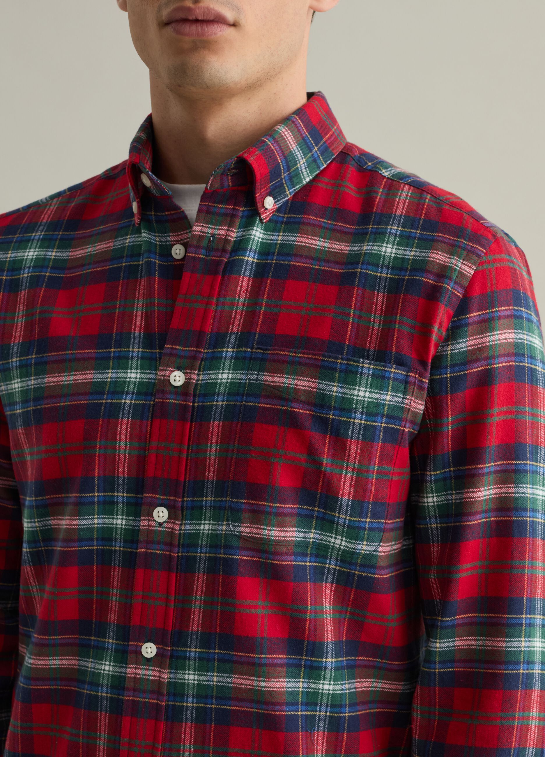 Flannel shirt with check pattern and button-down collar