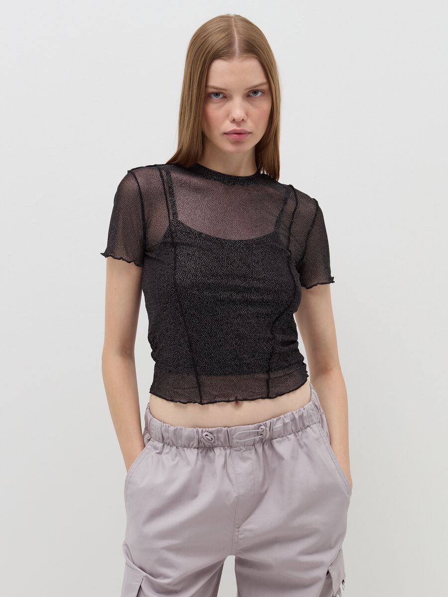 Crop T-shirt in mesh with wavy edging_1