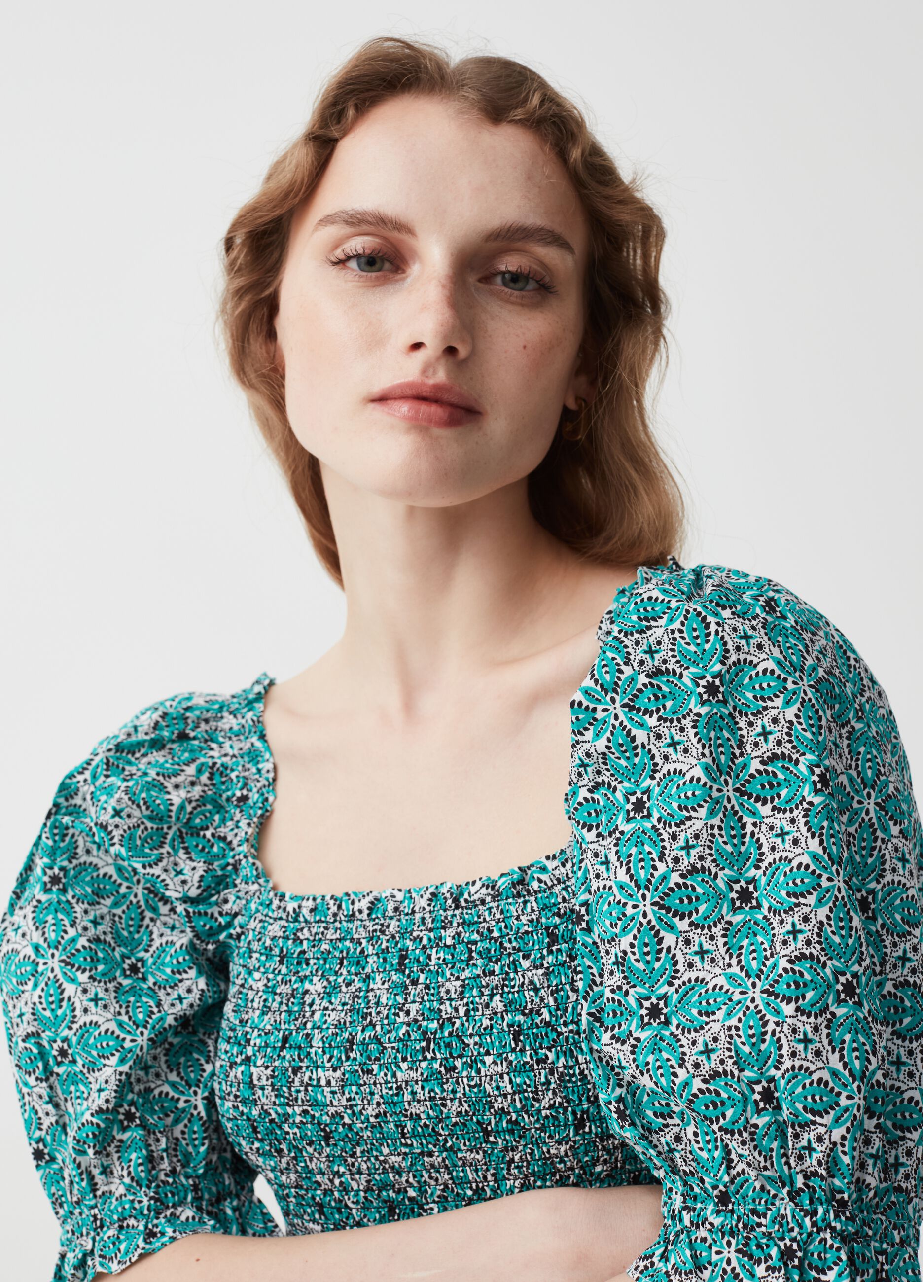 Crop top with smock stitch and paisley print